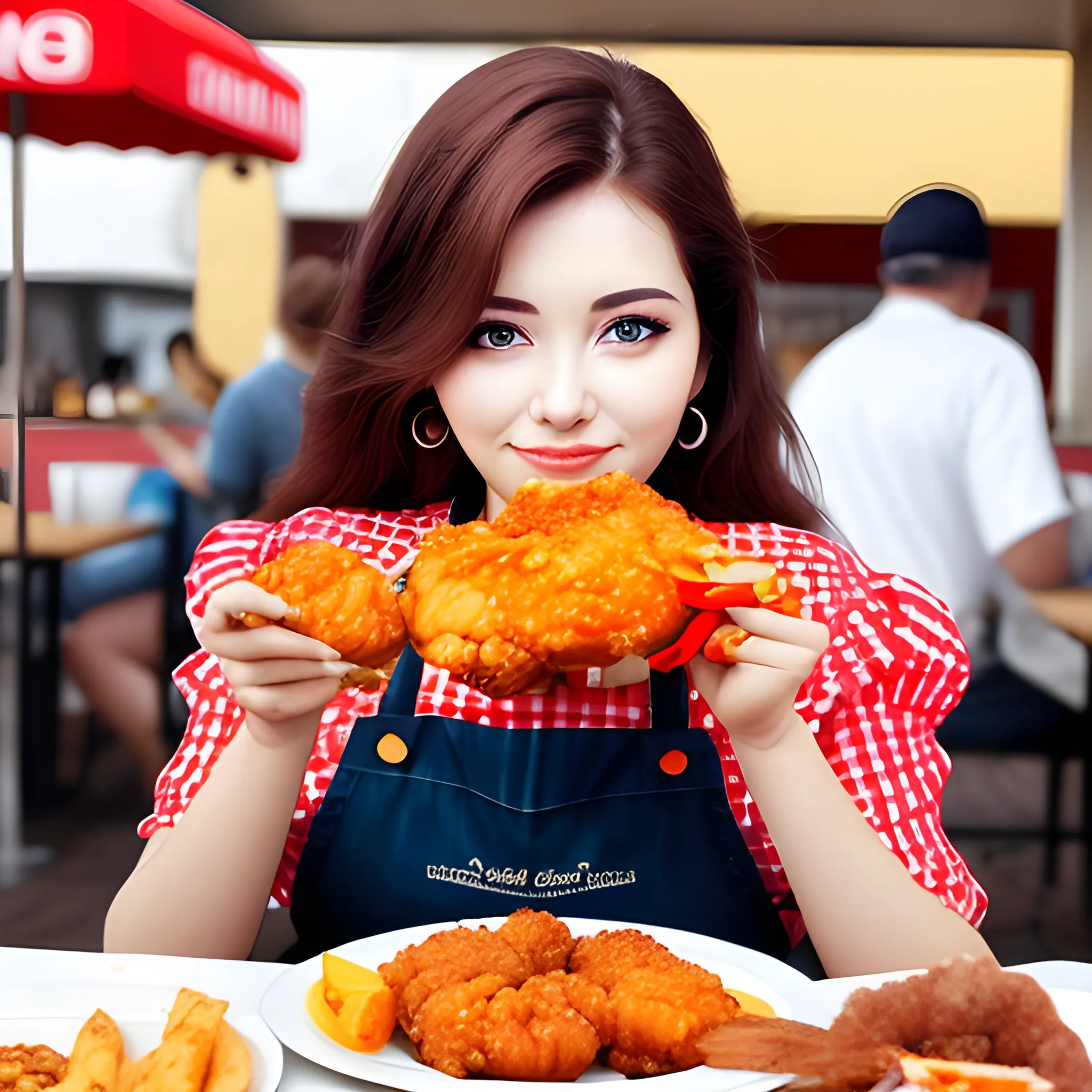 Beautiful lady eating fried chicken