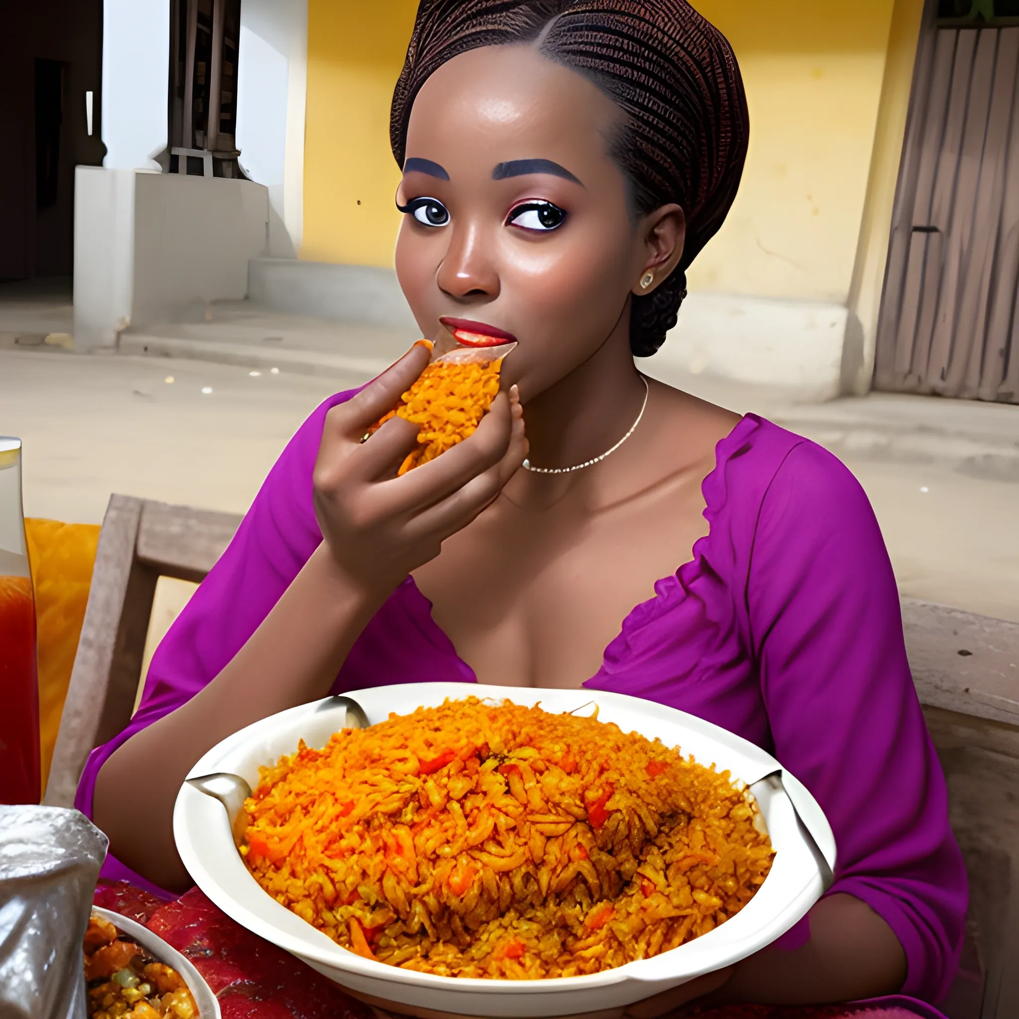 Beautiful lady eating fried jolof rice