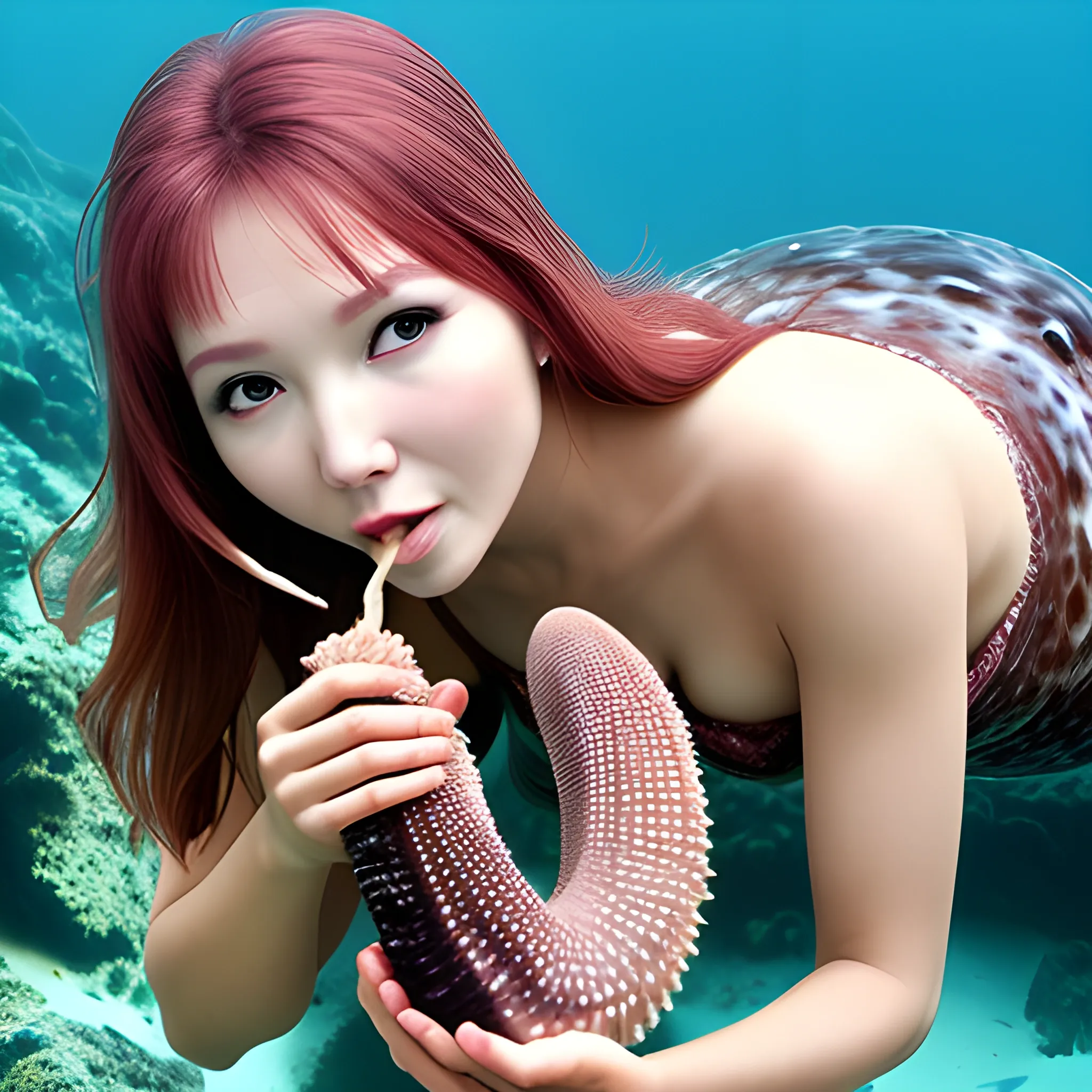 Beautiful lady eating sea cucumber