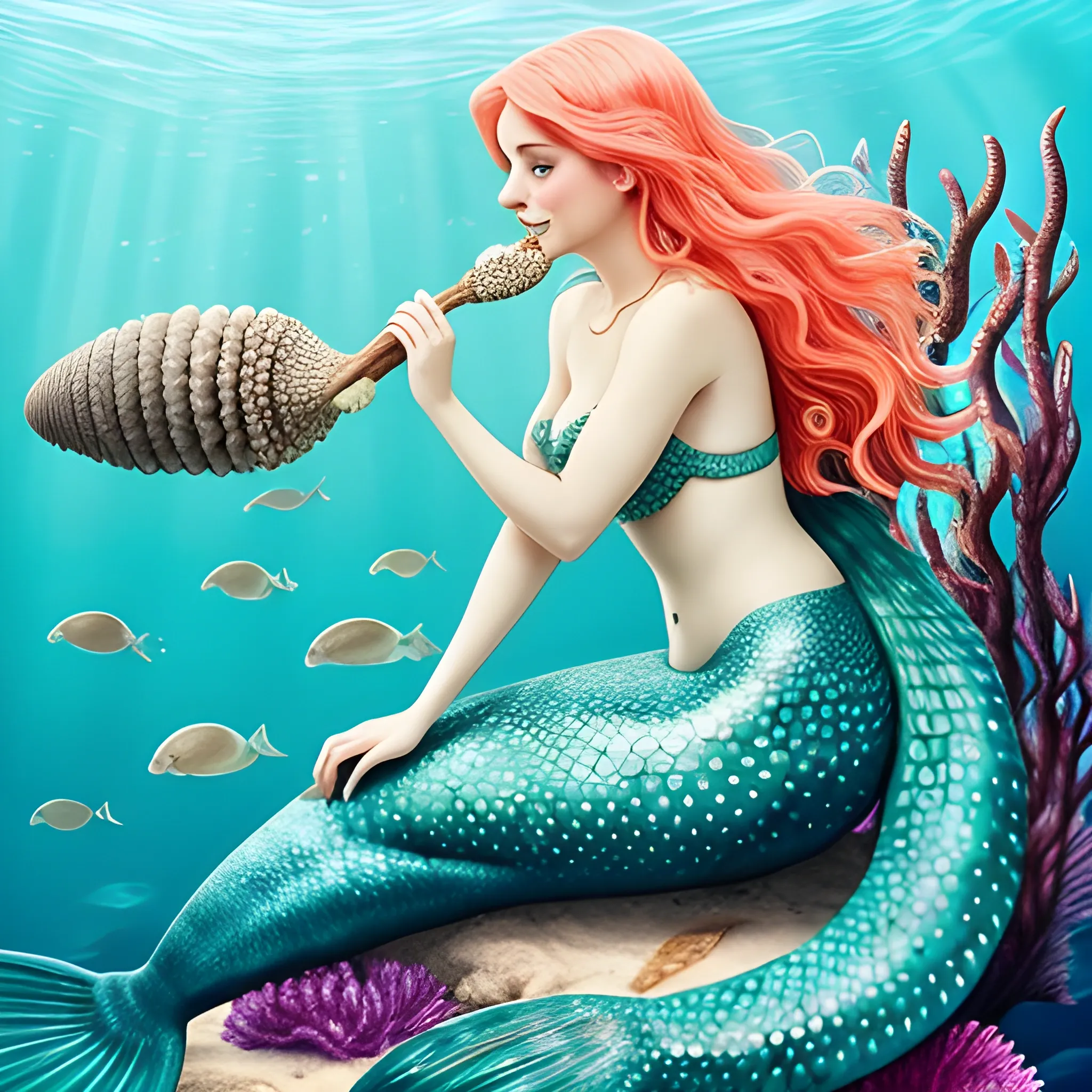 Beautiful mermaid eating sea cucumber