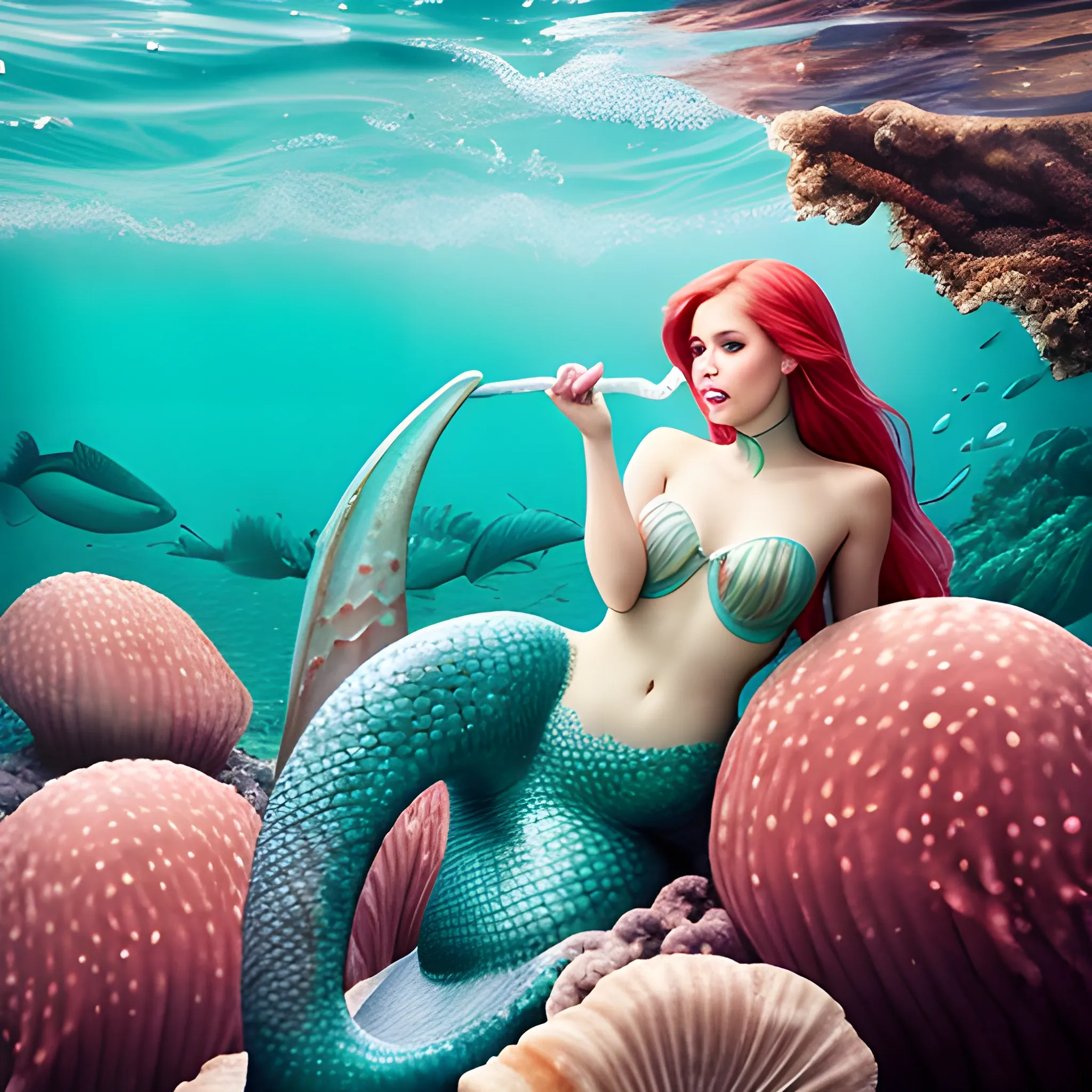 Beautiful mermaid eating sea cucumber photograph