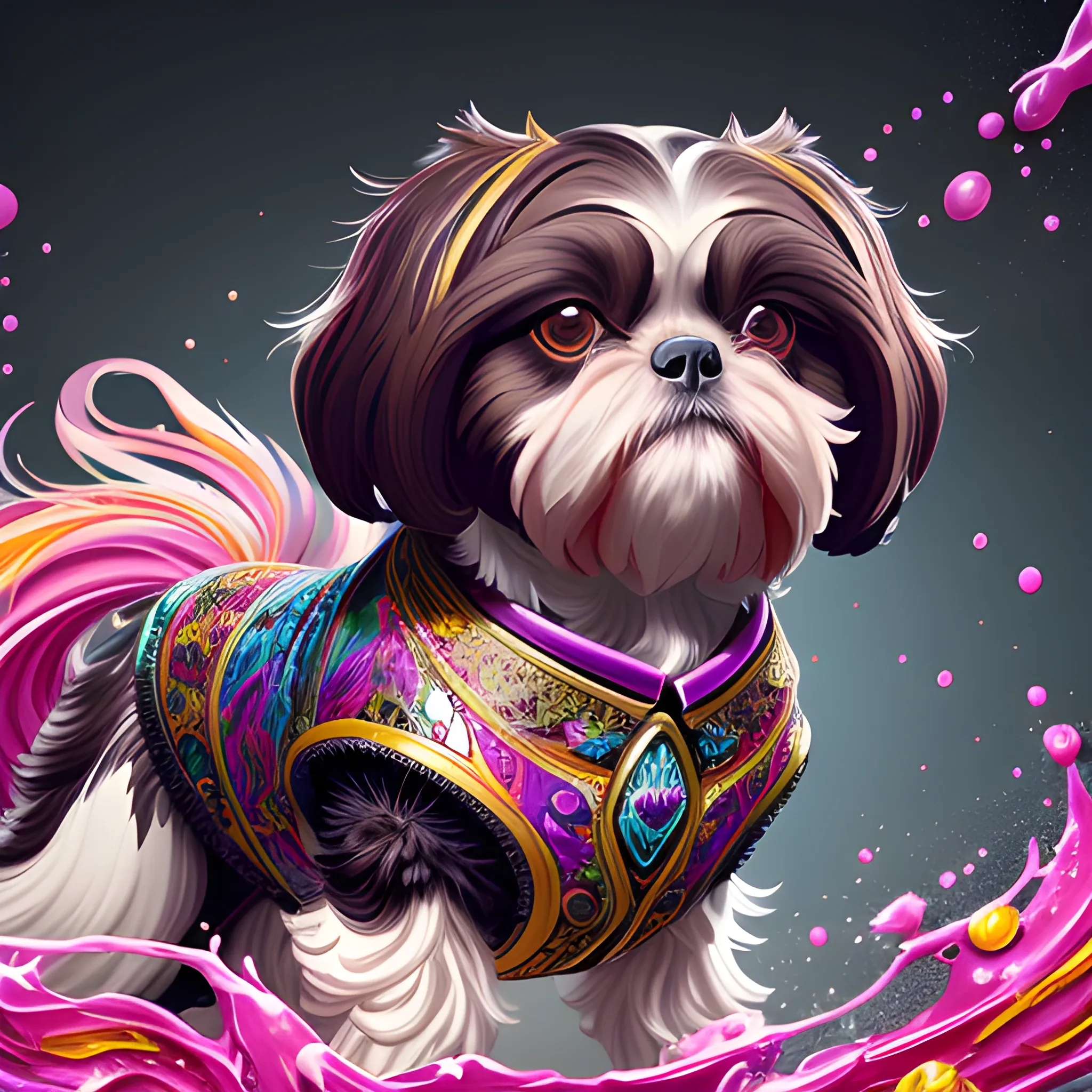 splash art, a dark brown liquid female shihtzu with long hair and fancy clothes, splash style of colourful paint, hyperdetailed intricately detailed, fantastical, intricate detail, splash screen, complementary colours, fantasy, concept art, 8k resolution