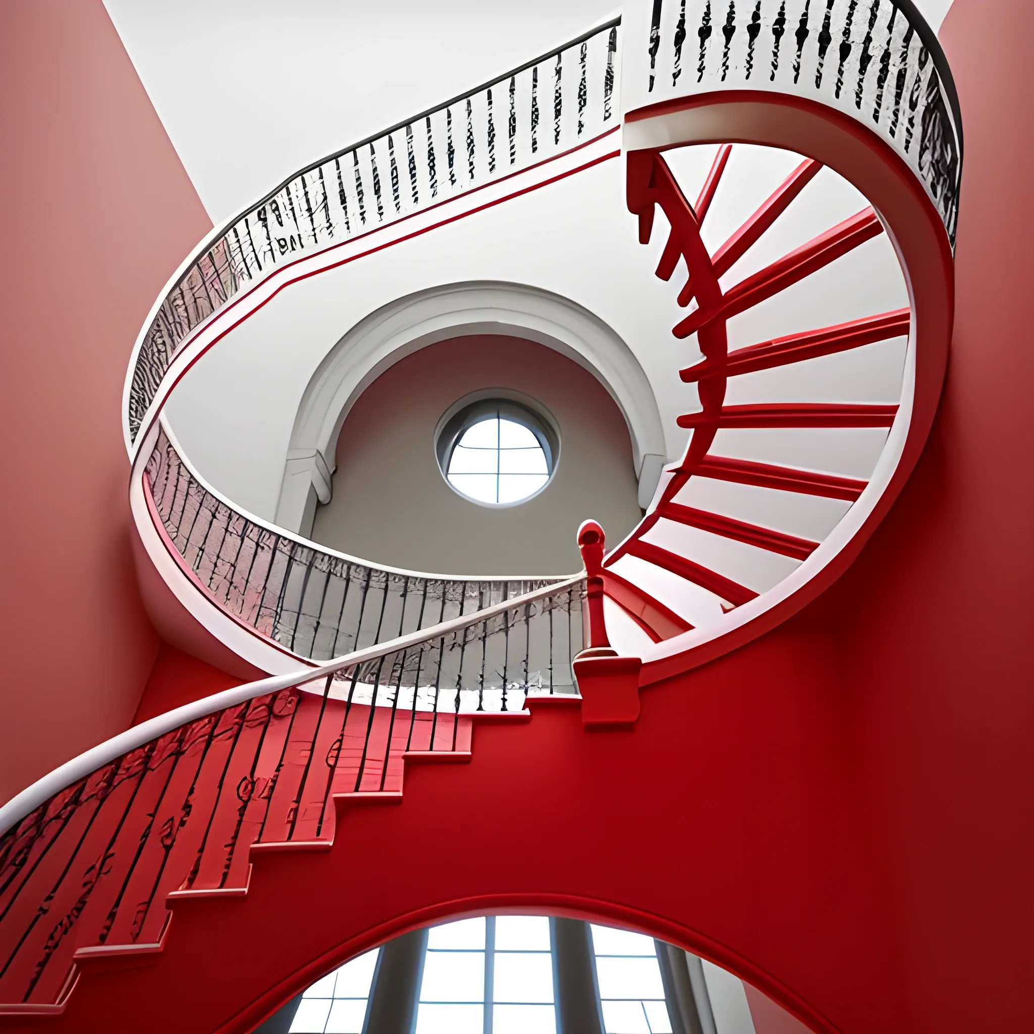 white silhouette of castle spiral staircase, aerial view, red background