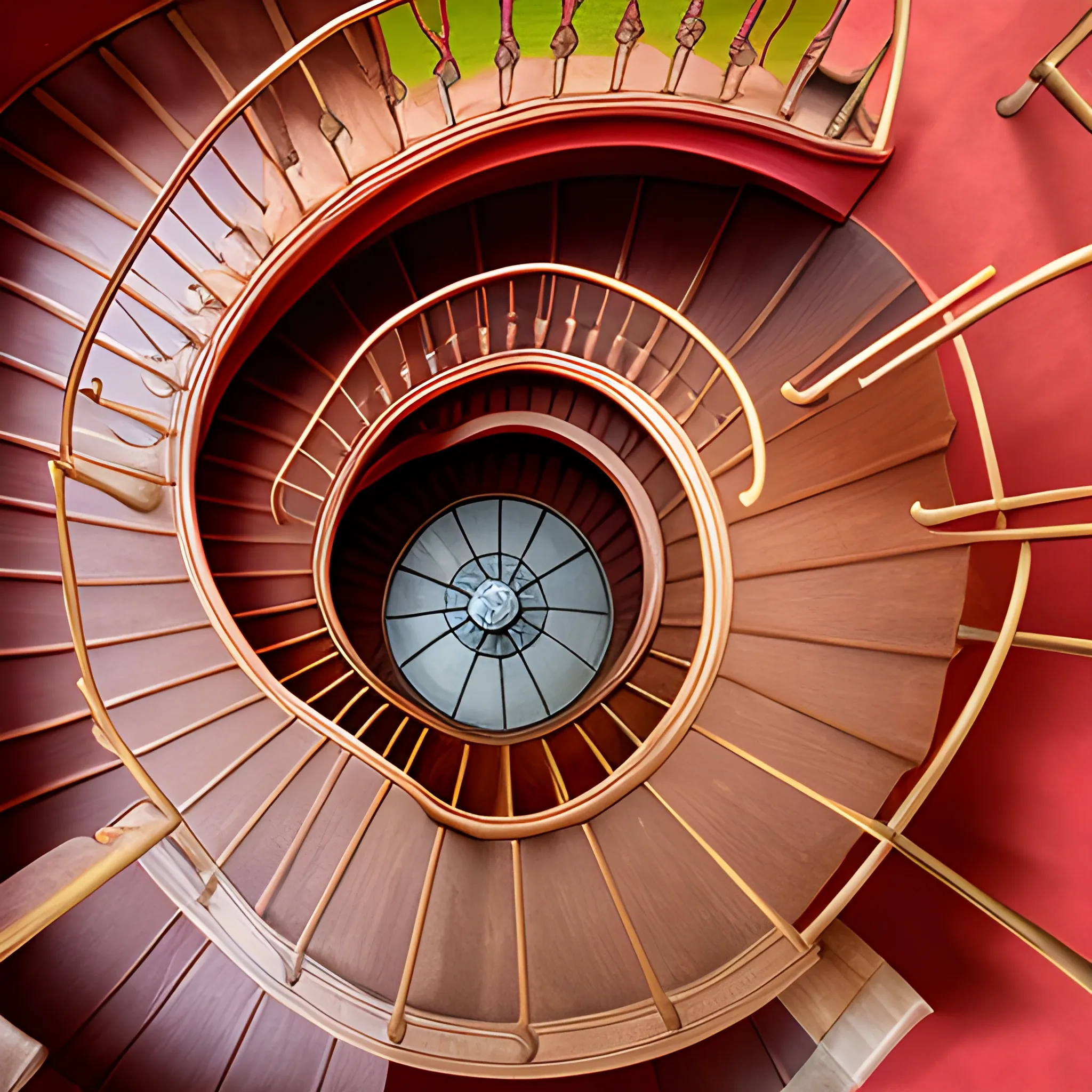  castle spiral staircase, aerial view, red background