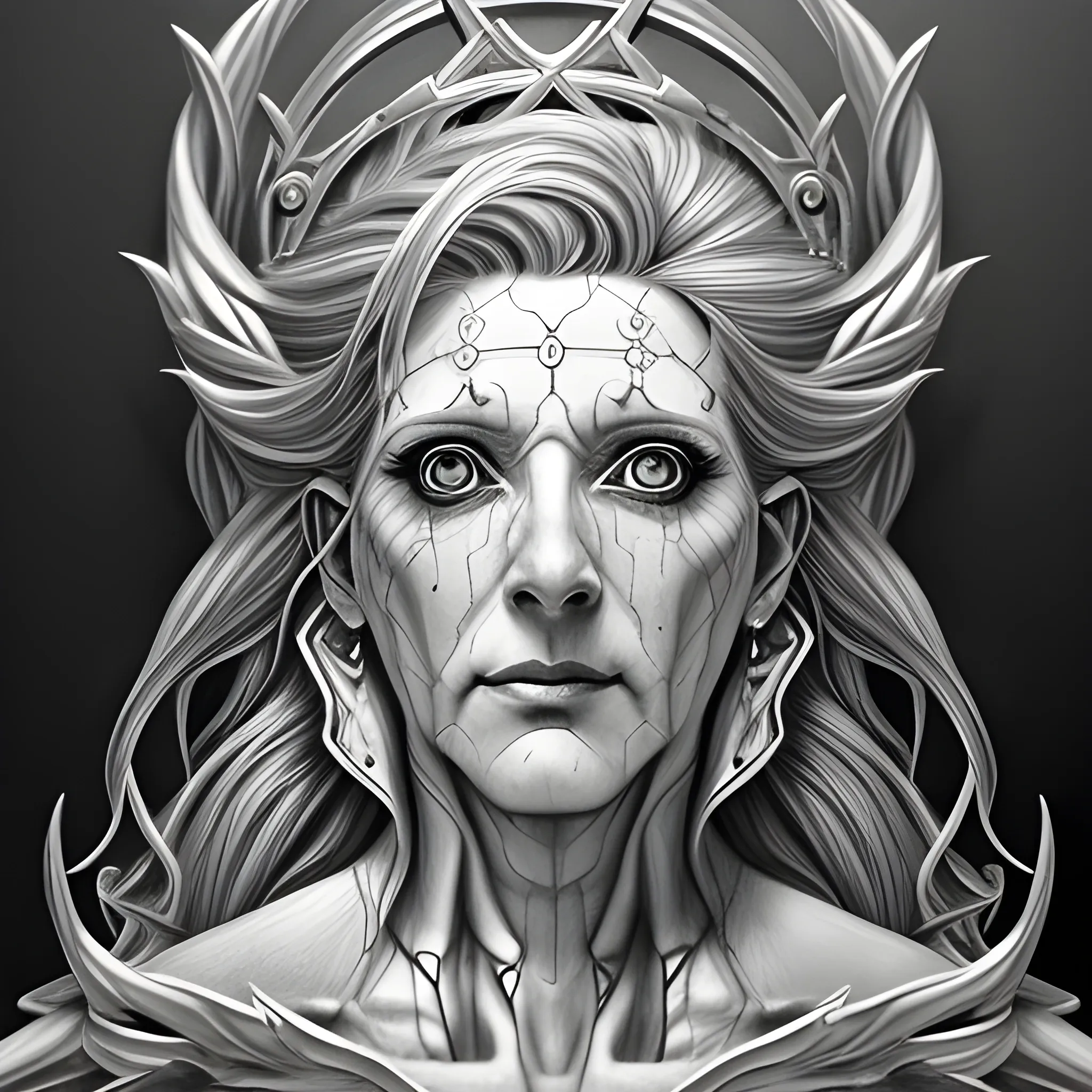 Moira, goddess of fate, hyperrealistic, ultra psychotic, Pencil Sketch