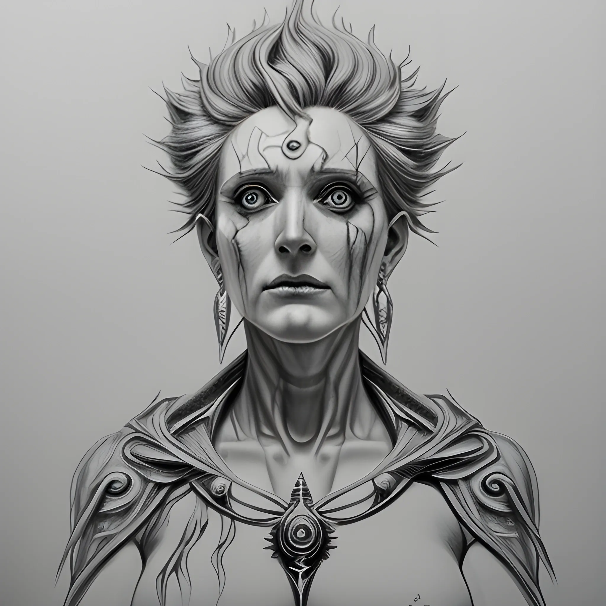 Moira, goddess of fate, hyperrealistic, ultra psychotic, Pencil Sketch