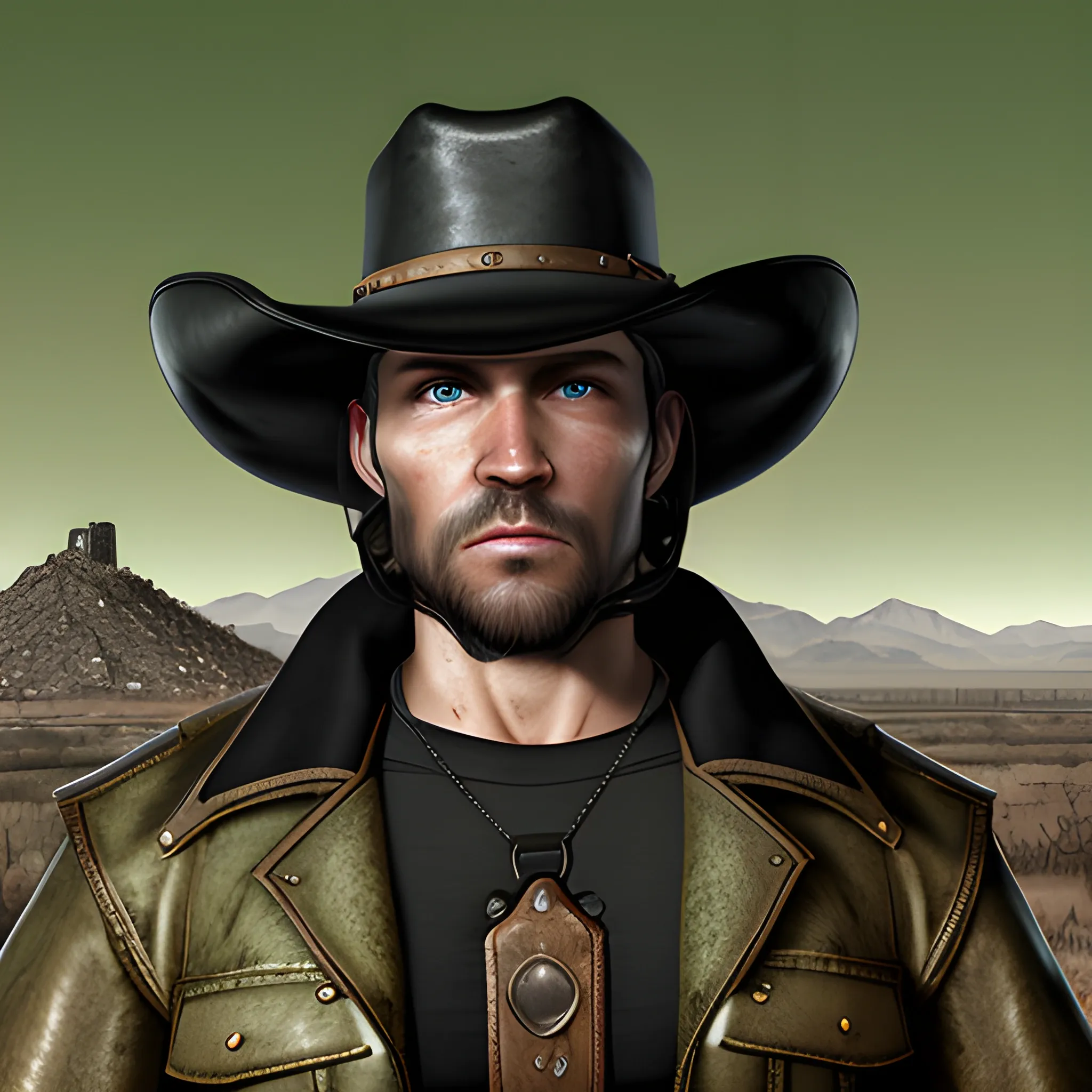 In the style of Fallout 1, (masterpiece), (portrait photography), (portrait of an adult Caucasian male), muscular, tam cloak over his shoulder, cowboy hat, harness armor, black t-shirt, black hair, green eyes