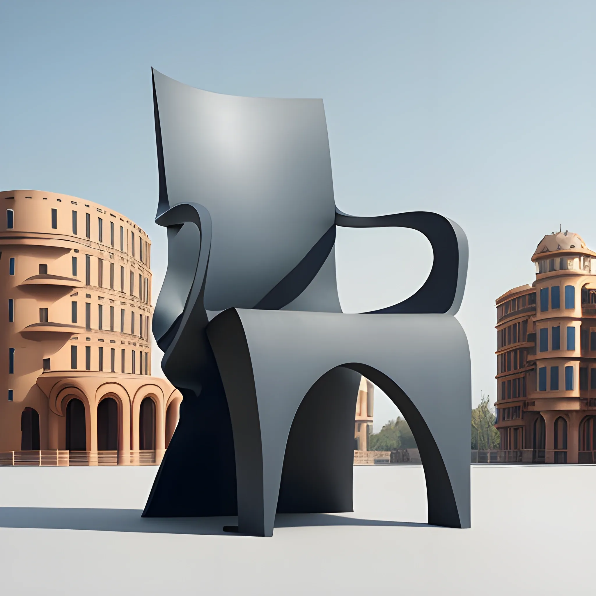 Create a monumental modern sculptured italian folk and chair feature with gown, toga concept , in  Frank Gehry style, Bronce material surface and brick base, asymetric composition, simple design as Bahaus style, minimal, geometric simplicity,  big locomotion expression,  blue sky background, pretty detailed HD render, classic base, fountain, 3D
