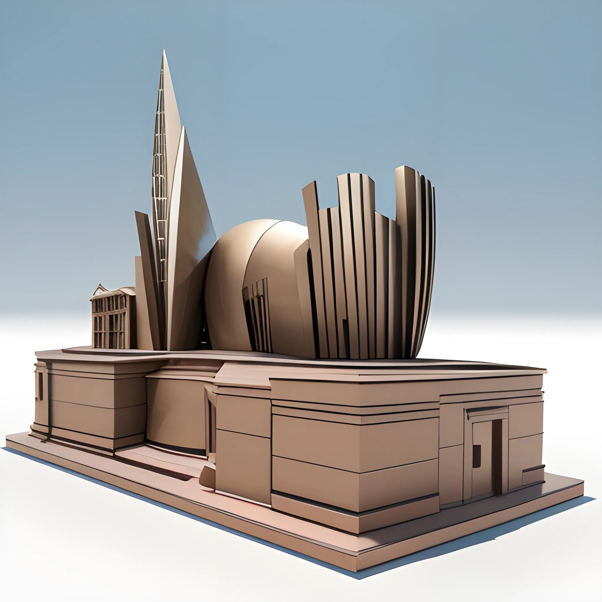 Create a monumental modern sculptured italian folk  feature with gown, toga concept , in  Frank Gehry style, Bronce material surface and brick base, asymetric composition, simple design as Bahaus style, minimal, geometric simplicity,  big locomotion expression,  blue sky background, pretty detailed HD render, classic base, fountain, 3D, 3D