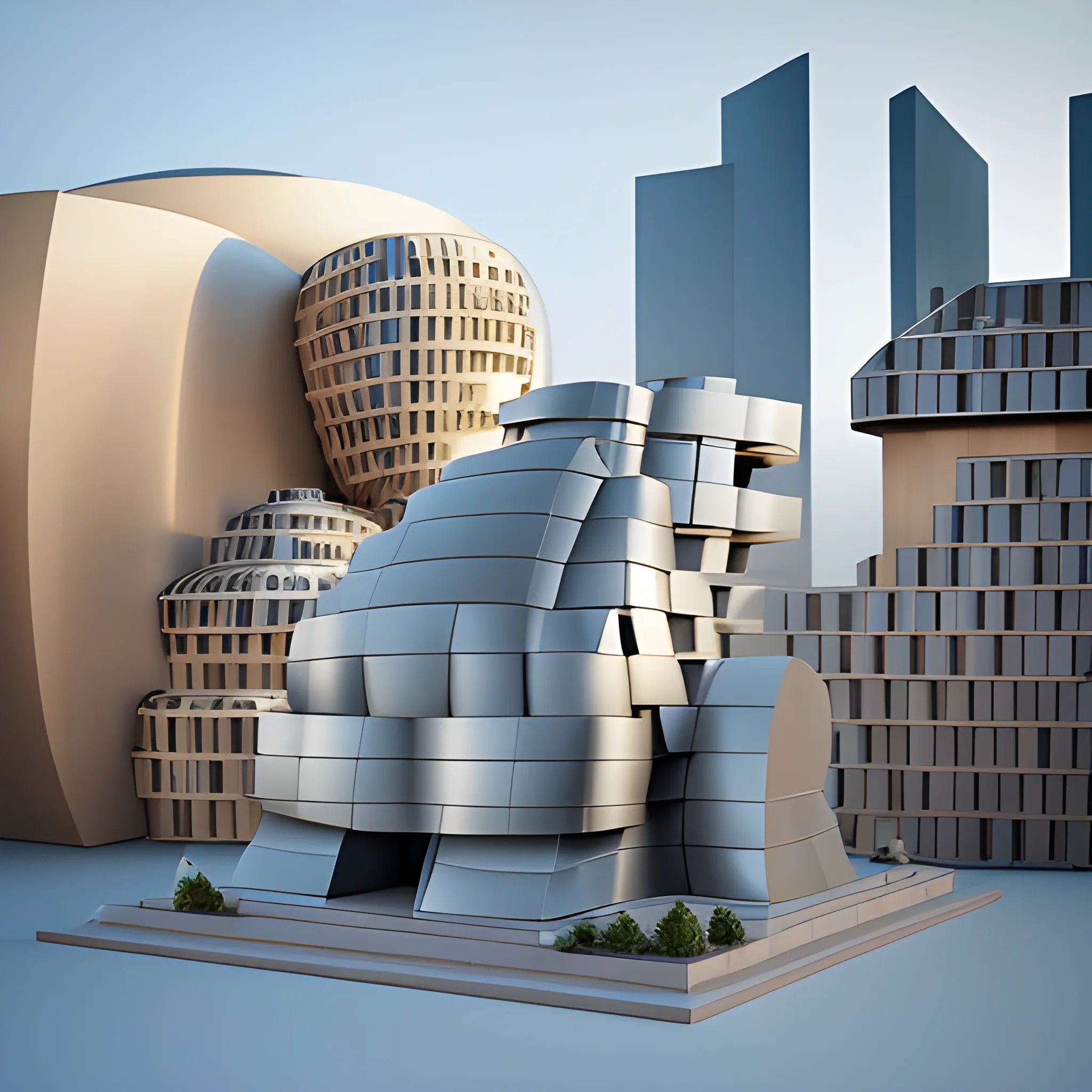 Create a monumental modern sculptured italian big dinner folk   in  Frank Gehry style, simple design as Bahaus style, minimal, geometric simplicity, feature with gown, toga concept ,Bronce material surface and brick base, asymetric composition,   big locomotion expression,  blue sky background, pretty detailed HD render, classic base, fountain, 3D, 3D