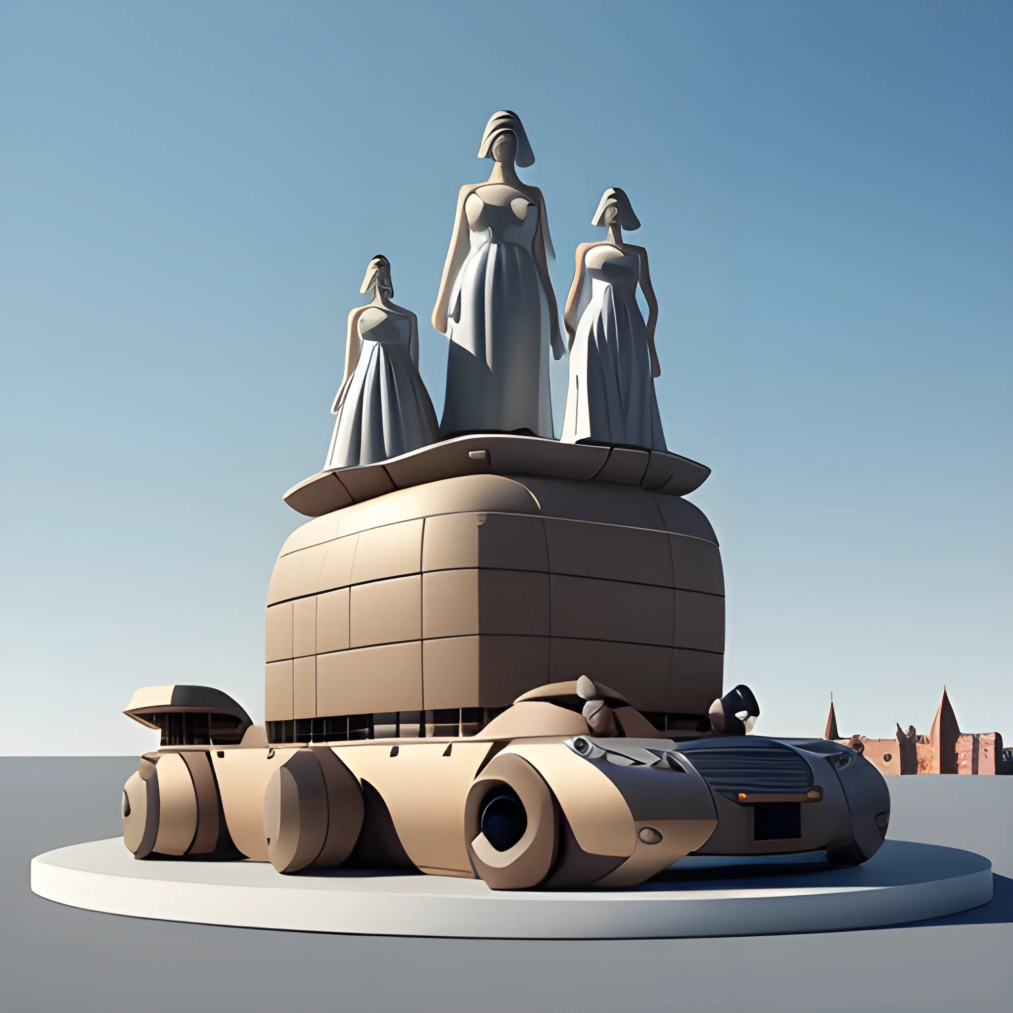 Create a monumental modern sculptured italian big dinner folk   in Claes Olderburg style, simple design as Bahaus style, minimal, geometric simplicity, feature with gown, toga concept ,Bronce material surface and brick base, asymetric composition,   big locomotion expression,  blue sky background, pretty detailed HD render, classic base, fountain, 3D, 3D, 3D