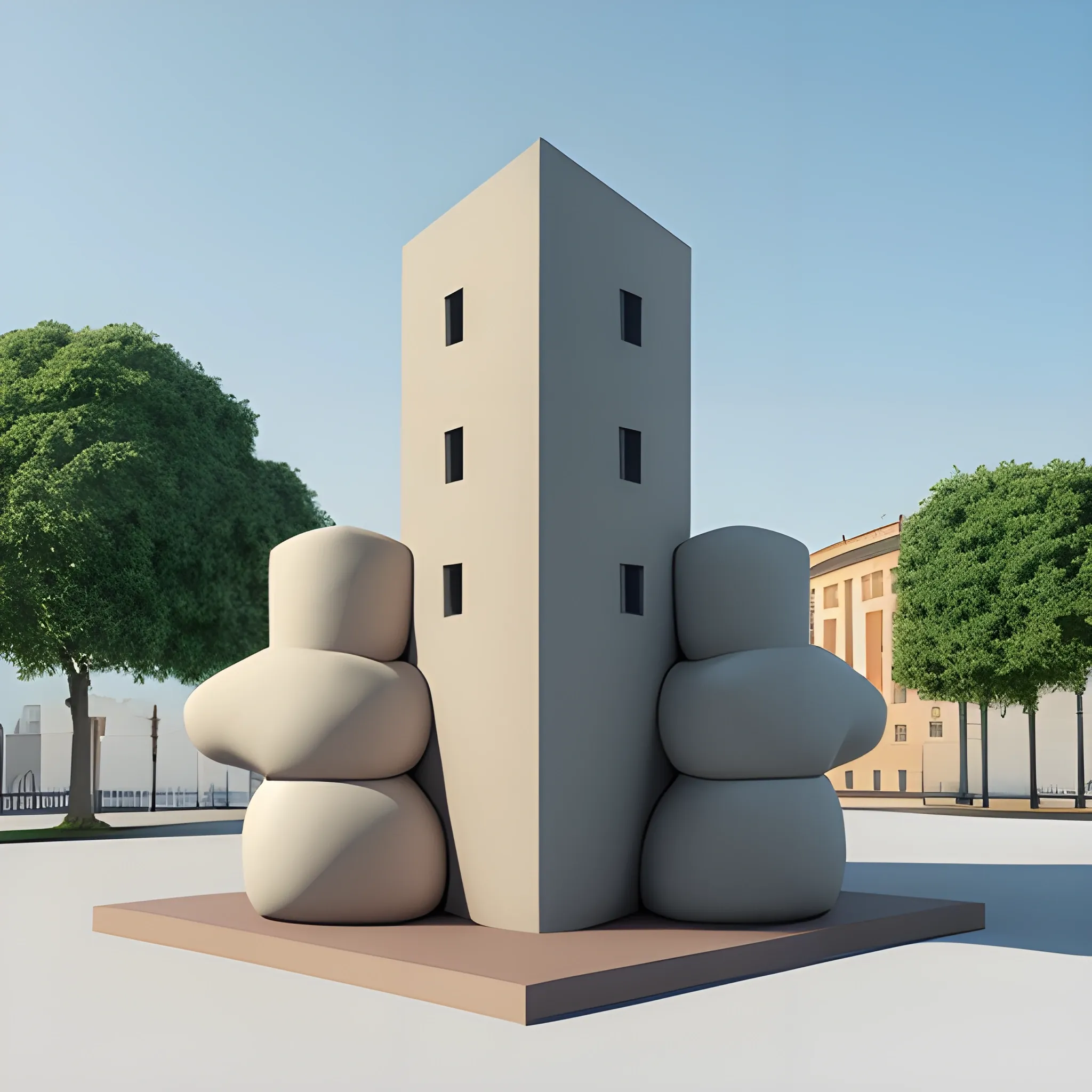 Create a monumental modern sculptured italian big dinner folk   in Claes Oldenburg style, simple design as Bahaus style, minimal, geometric simplicity, feature with gown, toga concept ,Bronce material surface and brick base, asymetric composition,   big locomotion expression,  blue sky background, pretty detailed HD render, classic base, fountain, 3D, 3D, 3D