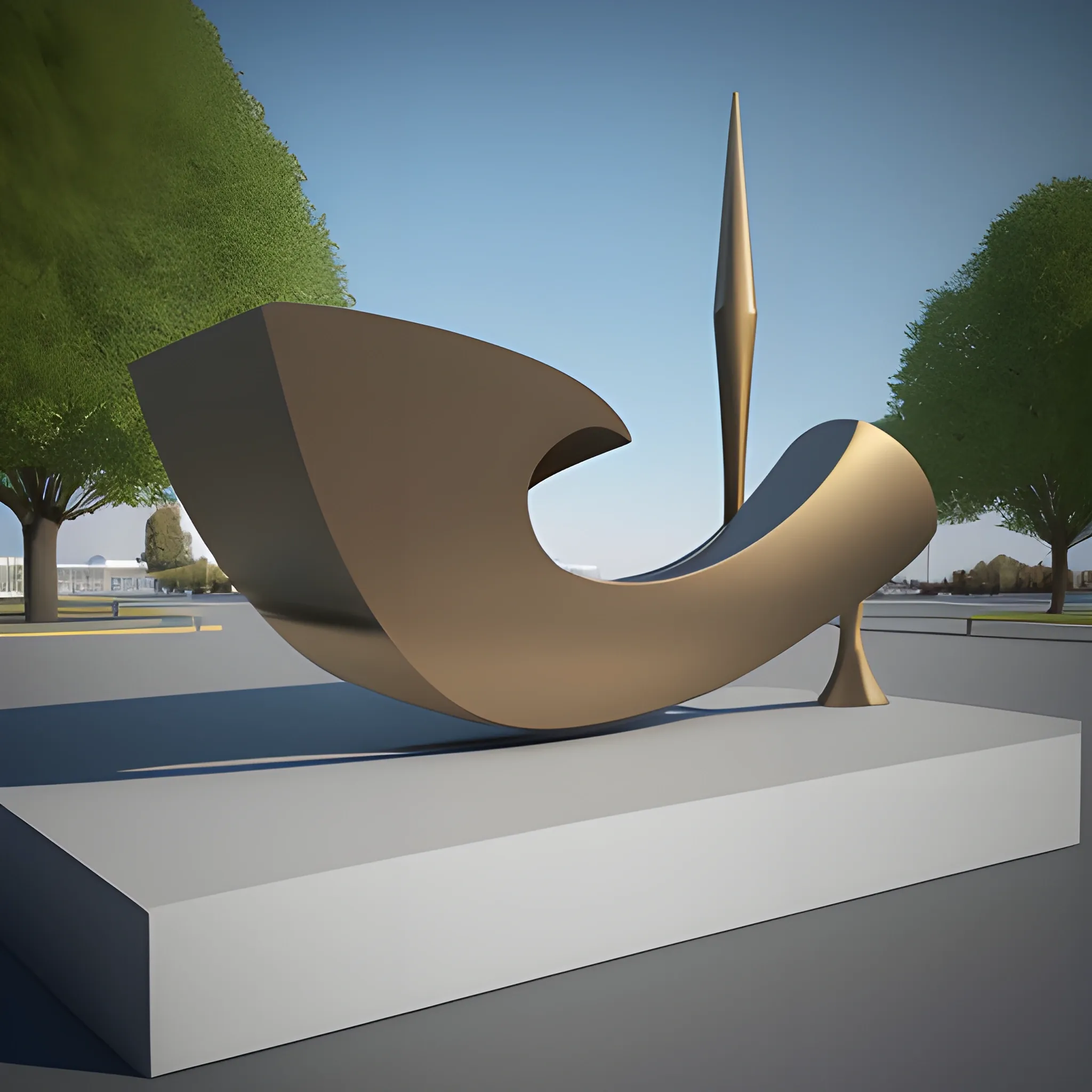 Create a monumental modern sculptured italian big dinner fork   in Claes Oldenburg style, simple design as Bahaus style, minimal, geometric simplicity, feature with gown, toga concept ,Bronce material surface and brick base, asymetric composition,   big locomotion expression,  blue sky background, pretty detailed HD render, classic base, fountain, 3D, 3D, 3D