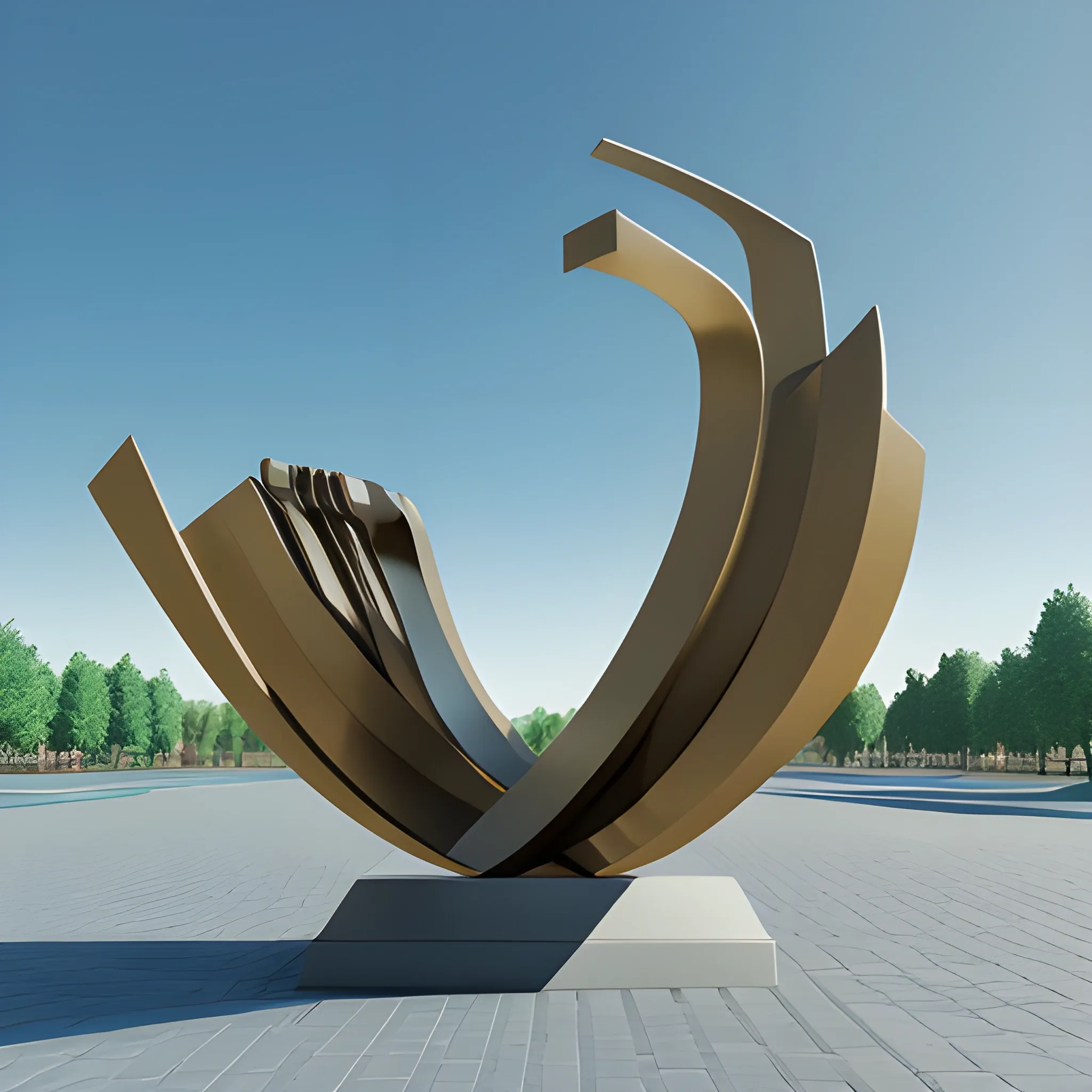 Create a monumental modern sculptured  many italian forks   in Claes Oldenburg style, simple design as Bahaus style, minimal, geometric simplicity, feature with gown, toga concept ,Bronce material surface and brick base, asymetric composition,   big locomotion expression,  blue sky background, pretty detailed HD render, classic base, fountain, 3D, 3D, 3D