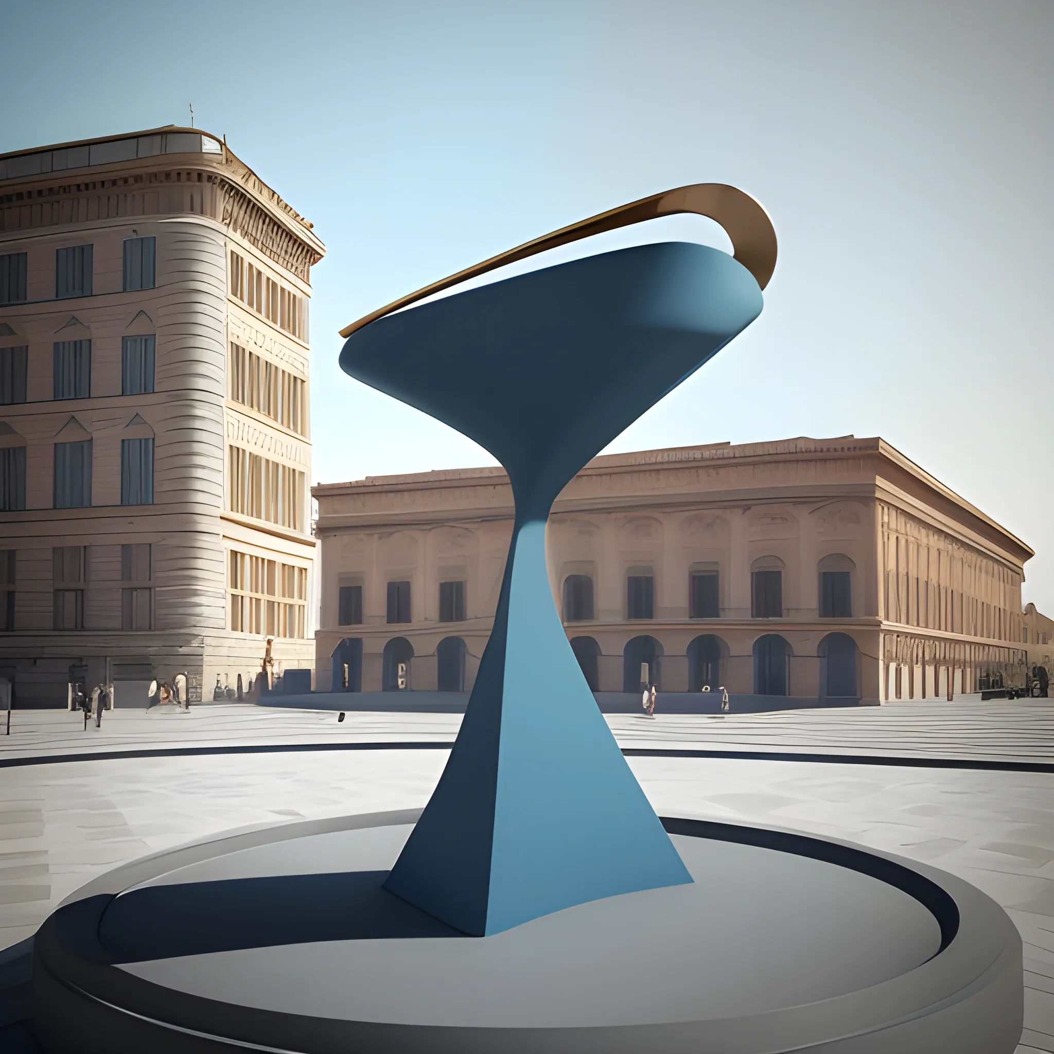 Create a monumental modern sculptured  one italian fork  in Claes Oldenburg style, simple design as Bahaus style, minimal, geometric simplicity, Bronce material surface and brick base, asymetric composition,   big locomotion expression, feature with gown, toga concept , blue sky background, pretty detailed HD render, classic base, fountain, 3D, 3D, 3D