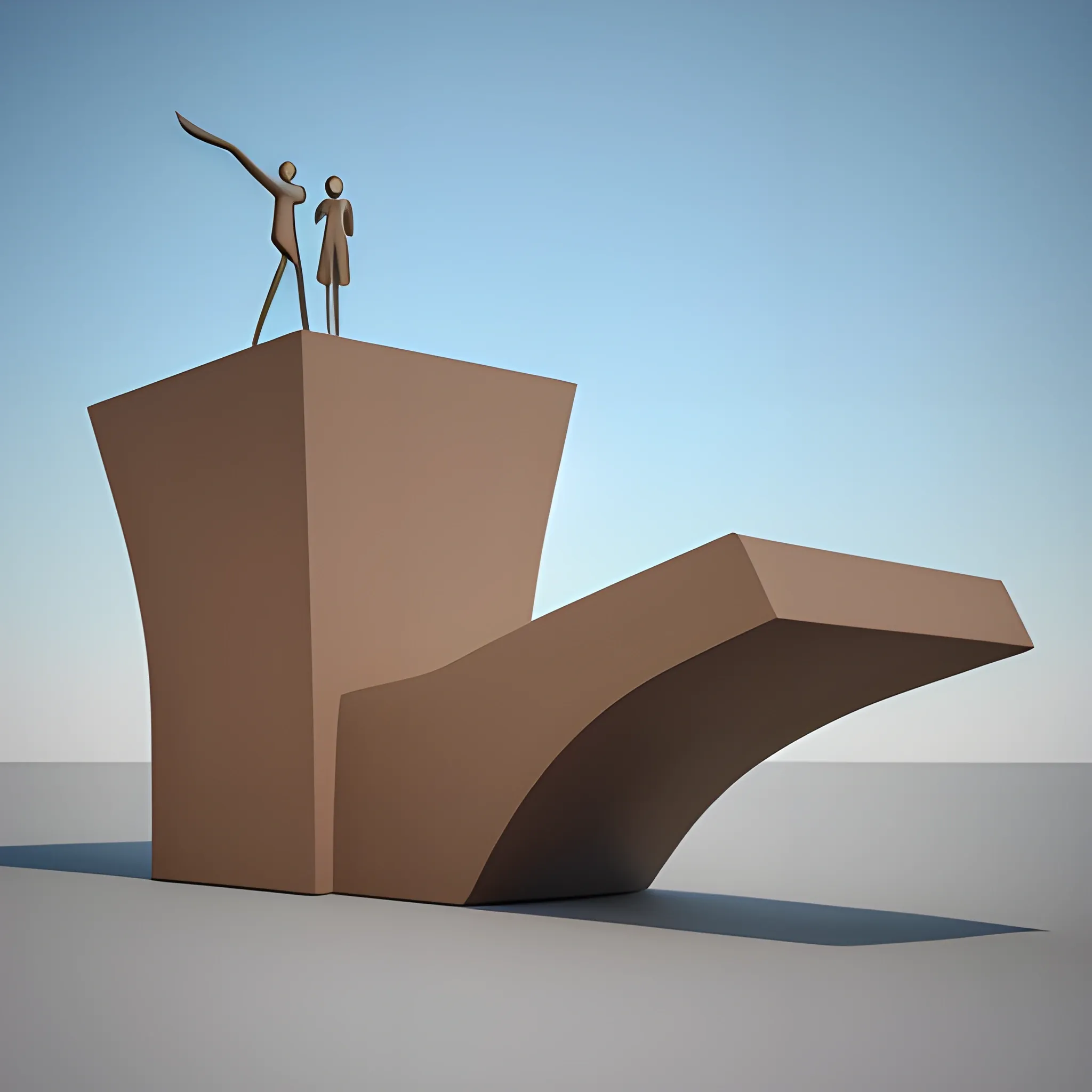 Create a monumental modern sculptured  one italian FORK in Claes Oldenburg style, simple design as Bahaus style, minimal, geometric simplicity, Bronce material surface and brick base, asymetric composition,   big locomotion expression, feature with gown, toga concept , blue sky background, pretty detailed HD render, classic base, fountain, 3D, 3D, 3D