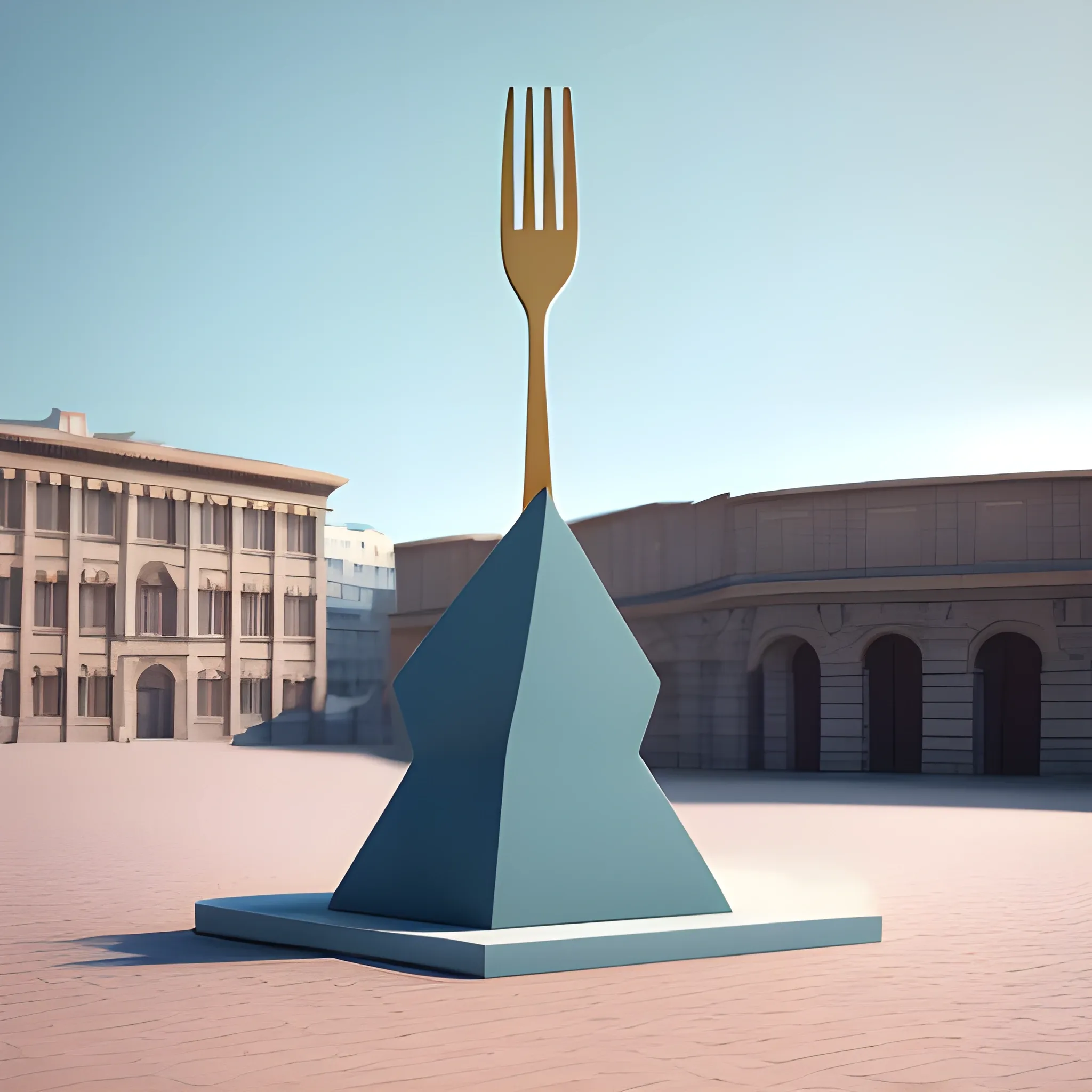 Create a monumental modern sculptured  one italian FORK in Claes Oldenburg style, simple design as Bahaus style, minimal, geometric simplicity, Bronce material surface and brick base, asymetric composition,   big locomotion expression, feature with gown, toga concept , blue sky background, pretty detailed HD render, classic base, fountain, 3D, 3D, 3D