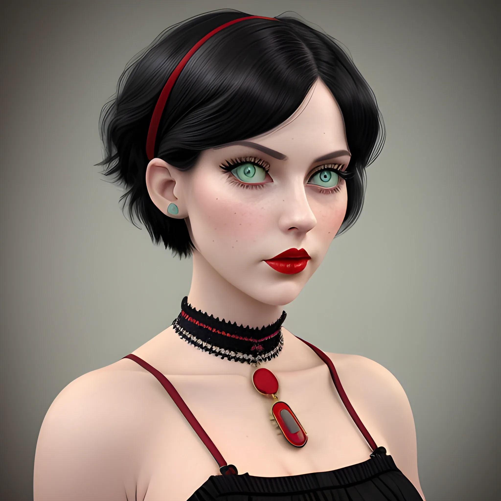 (((high detail))), best quality, Warm Colors, (detail) white female with bob style short black hair, long eyelashes, red lips, big green colored eyes, natural makeup, fit body type, with a magazine cover as her background, wearing a vintage Victorian dress and a chocker as a neckless,, 3D, 3D