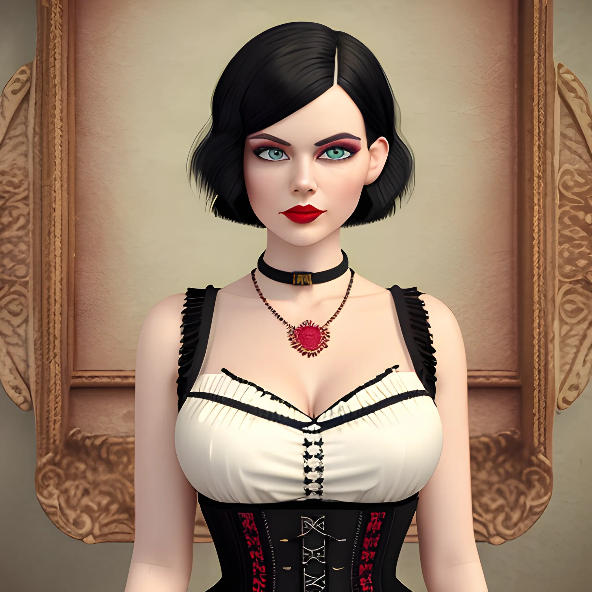 (((high detail))), best quality, Warm Colors, (detail) white female with bob style short black hair, long eyelashes, red lips, big green colored eyes, natural makeup, fit body type, with a magazine cover as her background, wearing a vintage Victorian dress and a chocker as a neckless,, 3D, 3D