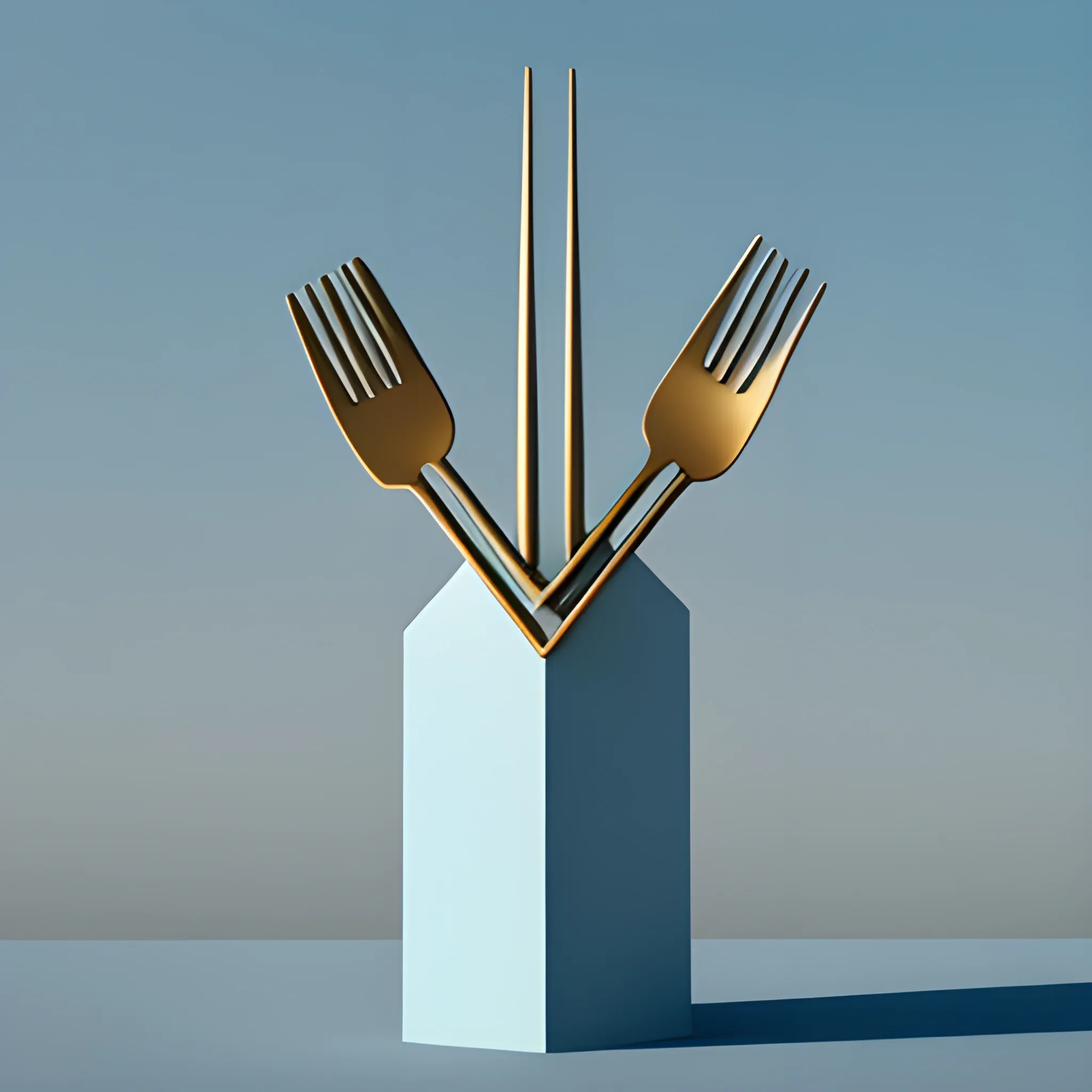 Create a monumental modern sculptured  one italian FORK in Claes Oldenburg style, simple design as Bahaus style, minimal, geometric simplicity, Bronce material surface and , asymetric composition , blue sky background, pretty detailed HD render, classic base, fountain, 3D, 