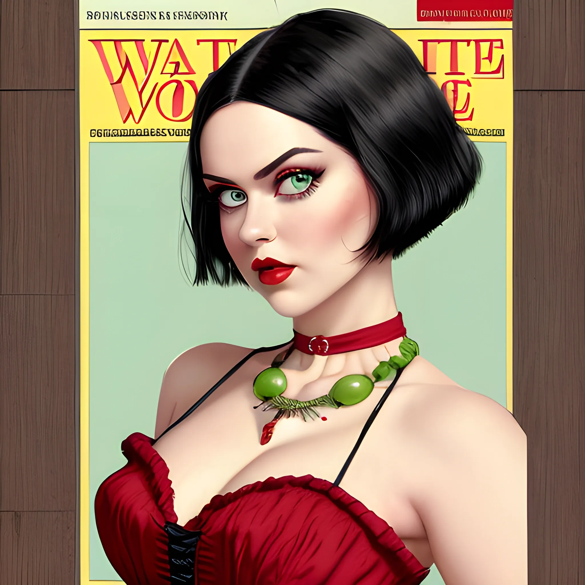 (((high detail))), best quality, Warm Colors, (detail) white female with bob style short black hair, long eyelashes, red lips, big green colored eyes, natural makeup, fit body type, with a magazine cover as her background, wearing a vintage Victorian dress and a chocker as a neckless,, Cartoon