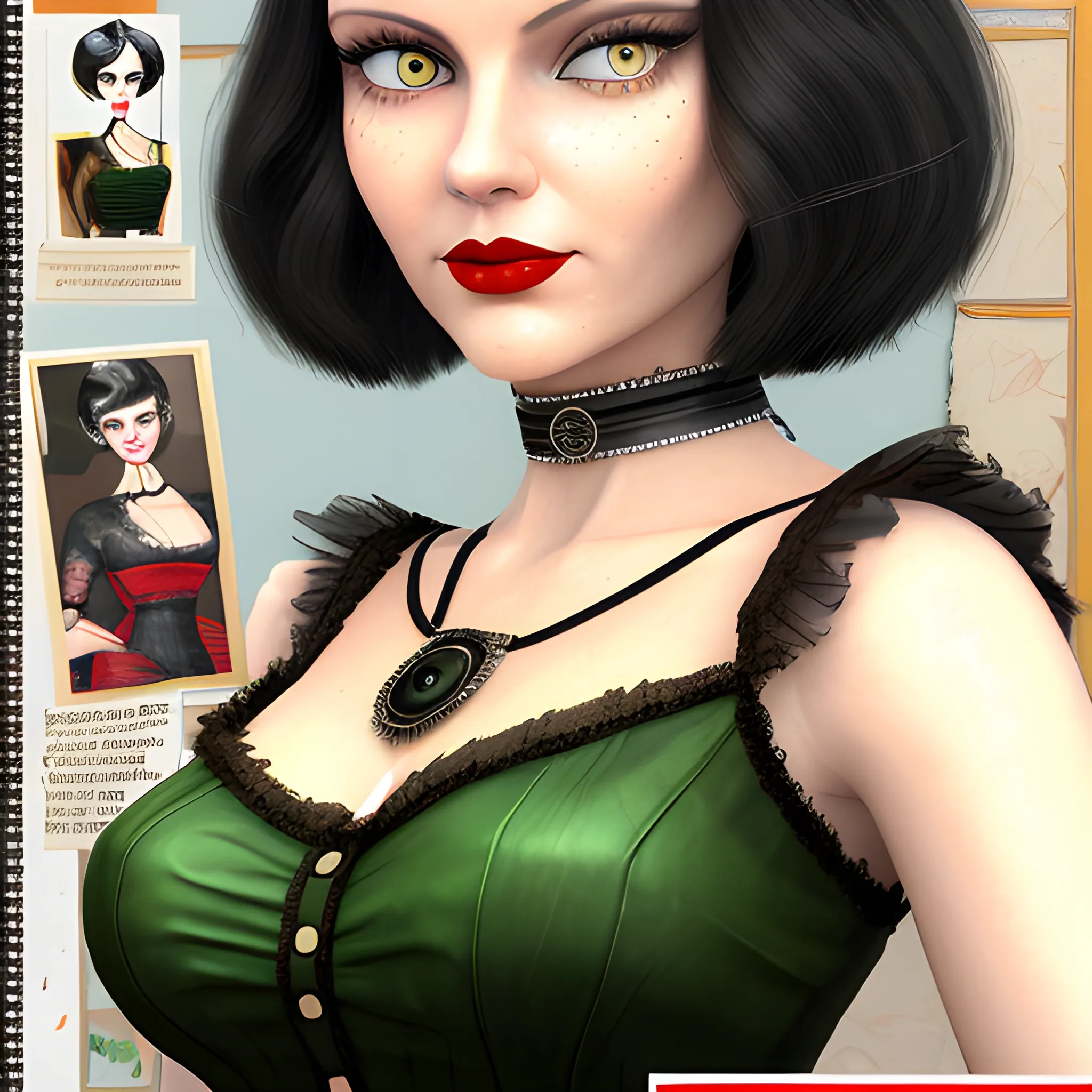 (((high detail))), best quality, Warm Colors, (detail) white female with bob style short black hair, long eyelashes, red lips, big green colored eyes, natural makeup, fit body type, with a magazine cover as her background, wearing a vintage Victorian dress and a chocker as a neckless,, Cartoon, Pencil Sketch, 3D, 3D, Water Color, 3D, Oil Painting