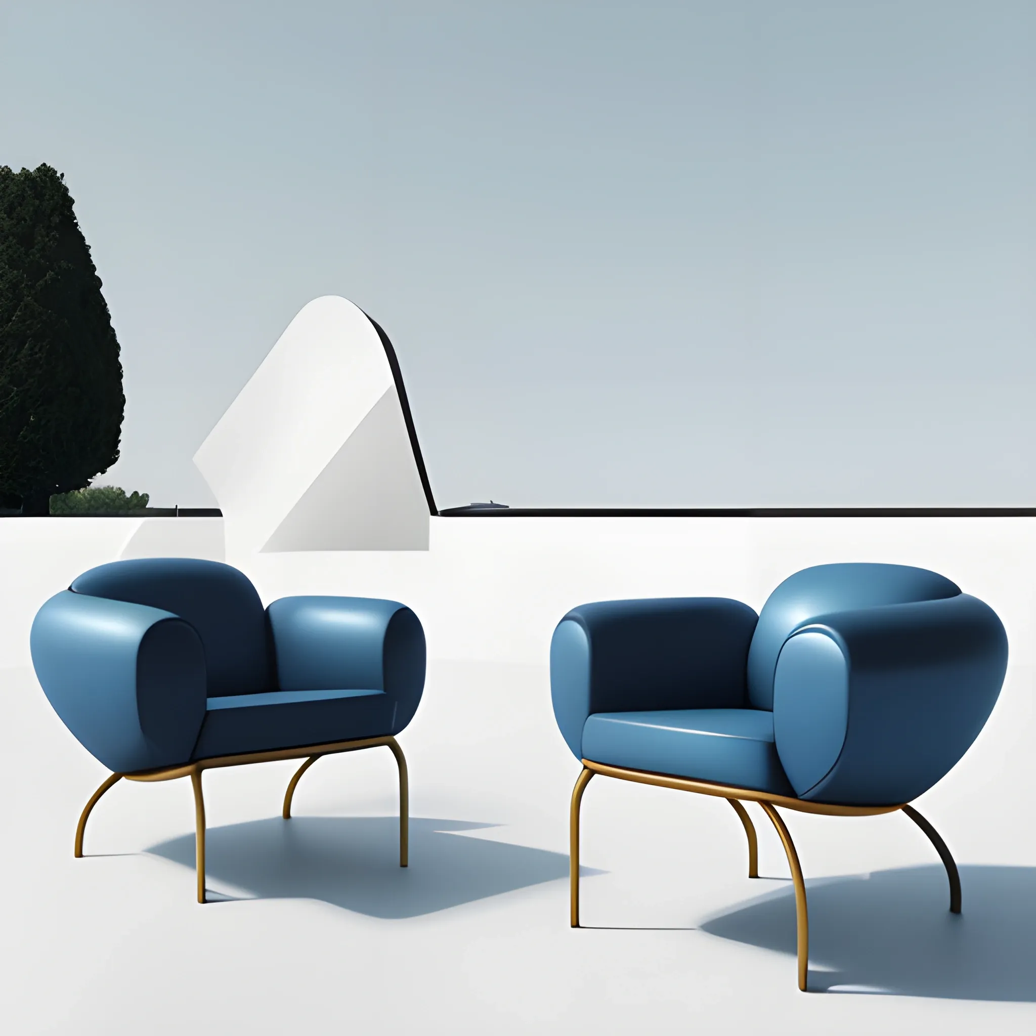 Create a monumental modern sculptured  one italian CHAIR in Claes Oldenburg style, simple design as Bahaus style, minimal, geometric simplicity, Bronce material surface and , asymetric composition , blue sky background, pretty detailed HD render, classic base, fountain, 3D, 