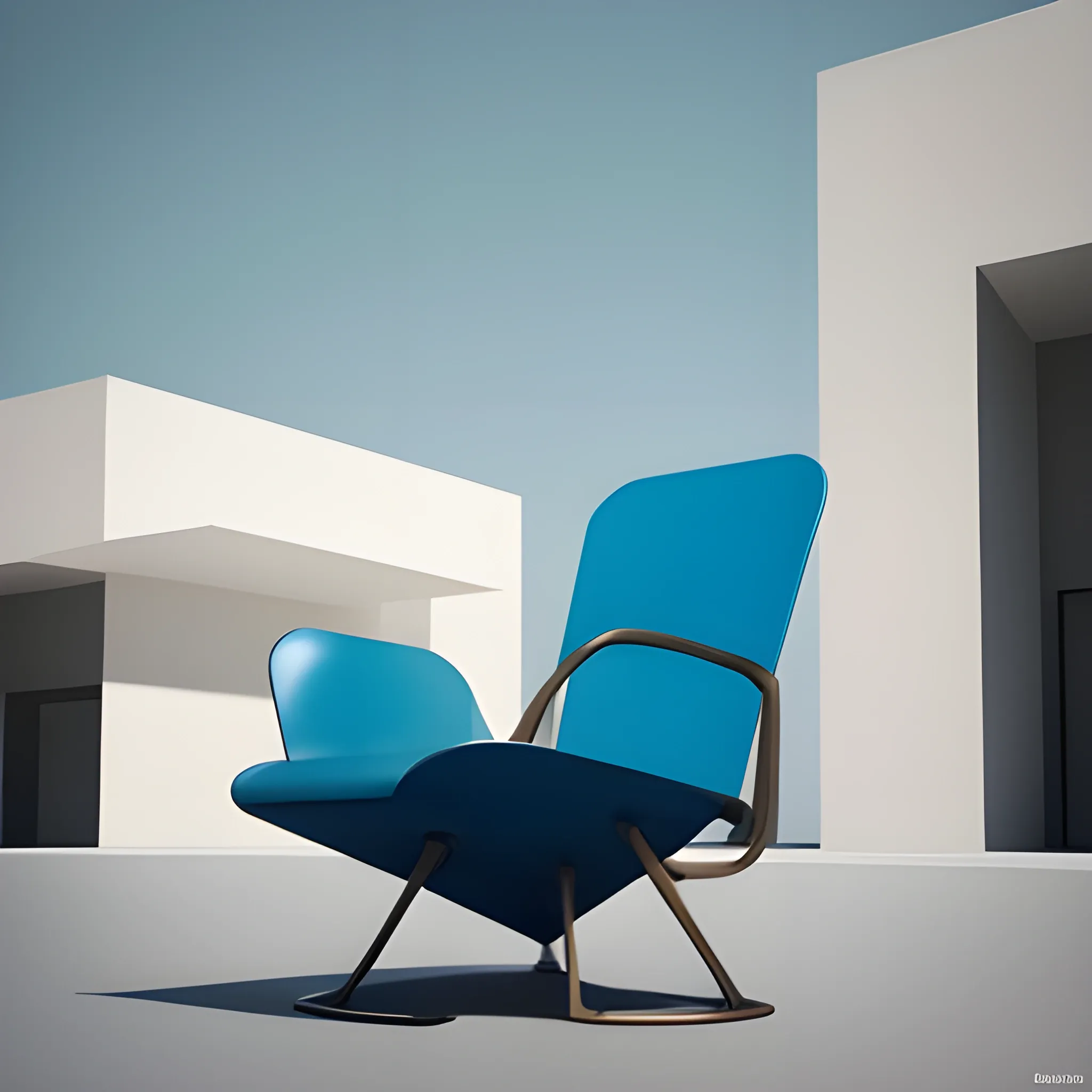 Create a monumental modern sculptured  one italian CHAIR in Claes Oldenburg style, simple design as Bahaus style, minimal, geometric simplicity, Bronce material surface only , asymetric composition , blue sky background, pretty detailed HD render, classic base, fountain, 3D, 