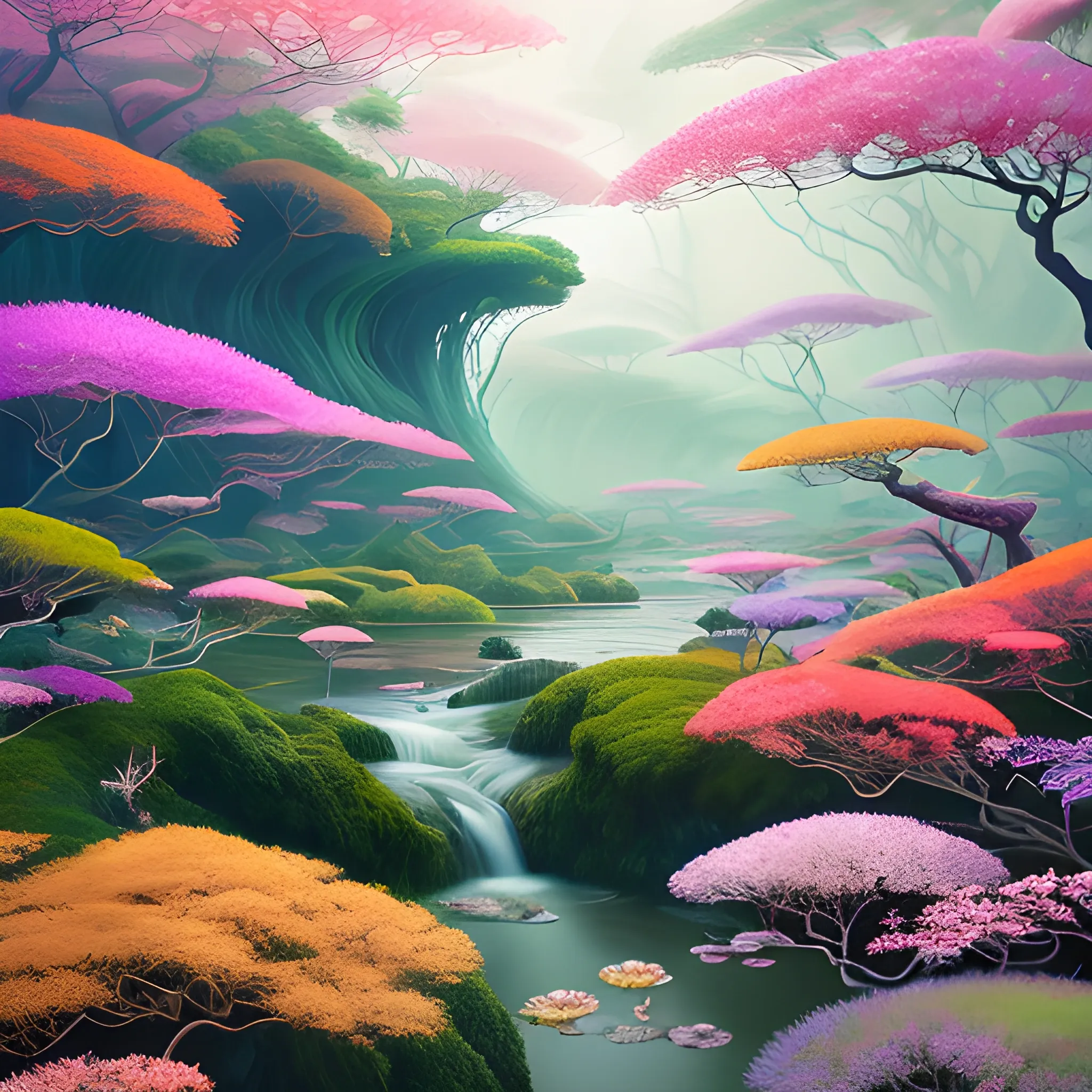 (by Ananta Mandal (and Andrew Biraj:0.5)), (in the style of nihonga), Style: Abstract, Medium: Digital illustration, Subject: An otherworldly landscape with floating islands, cascading waterfalls, and vibrant flora and fauna. Camera Angle: Overhead shot capturing the vastness and intricate details of the scene. The colors are saturated, and the lighting creates a warm and ethereal atmosphere. The painting is highly detailed, with every brushstroke capturing the complexity of the imaginary world., (high quality), (detailed), (masterpiece), (best quality), (highres), (extremely detailed), (8k)