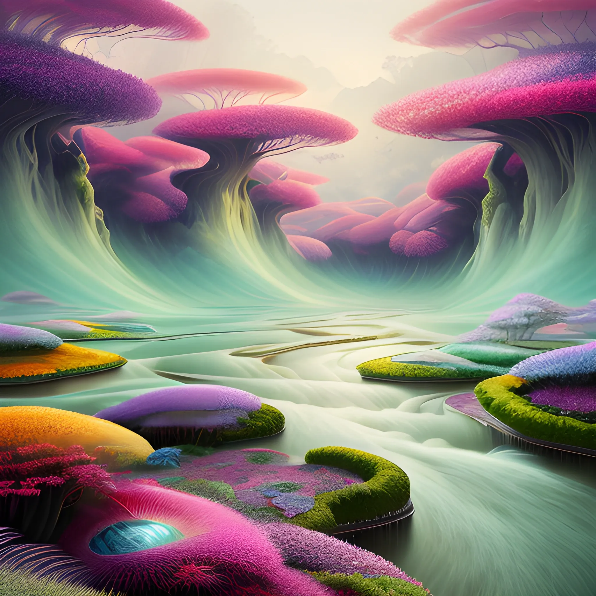 (by Ananta Mandal (and Andrew Biraj:0.5)), (in the style of nihonga), Style: Abstract, Medium: Digital illustration, Subject: An otherworldly landscape with floating islands, cascading waterfalls, and vibrant flora and fauna. Camera Angle: Overhead shot capturing the vastness and intricate details of the scene. The colors are saturated, and the lighting creates a warm and ethereal atmosphere. The painting is highly detailed, with every brushstroke capturing the complexity of the imaginary world., (high quality), (detailed), (masterpiece), (best quality), (highres), (extremely detailed), (8k), 3D