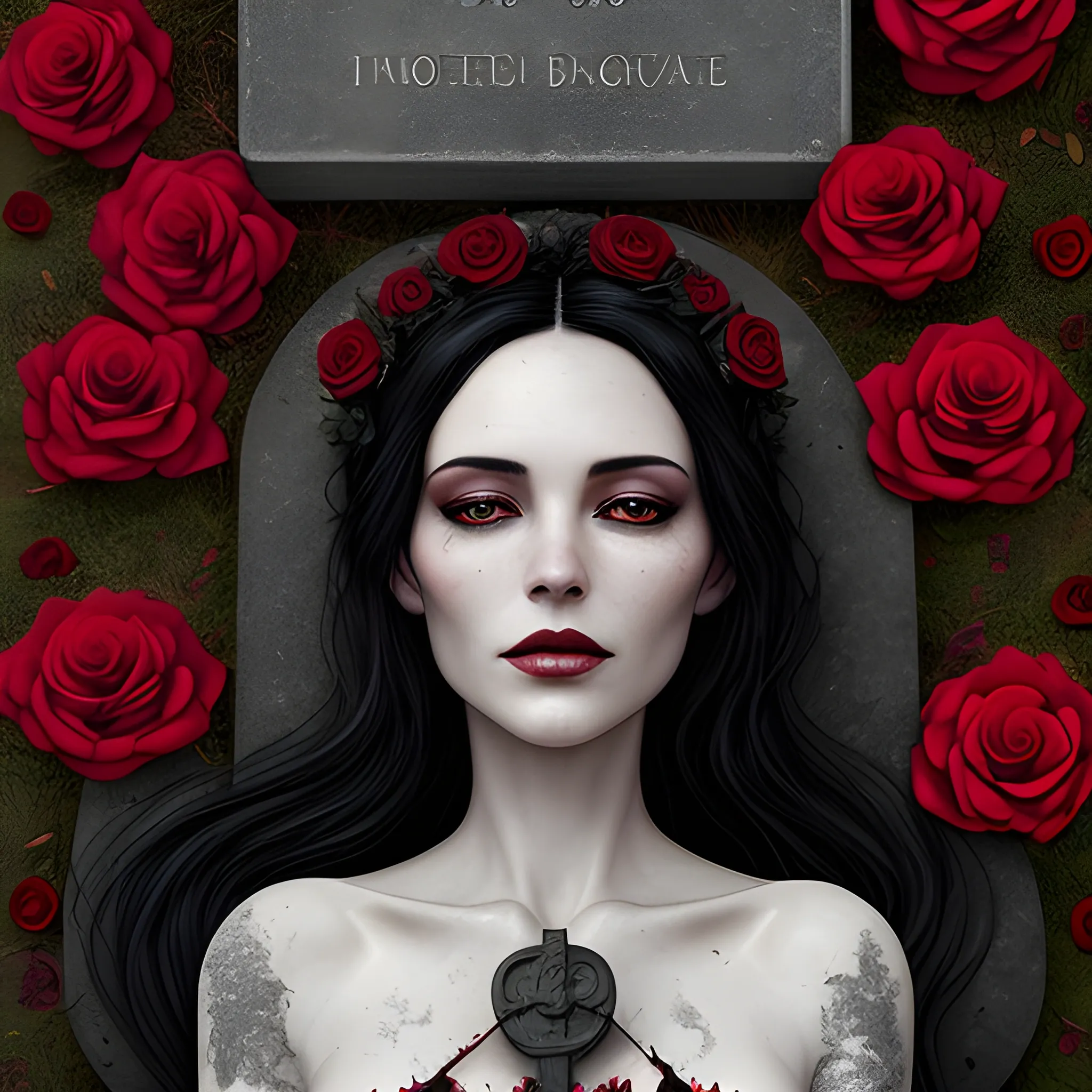 In a photorealistic style, create an illustration of a stunning witch adorned in a sensual red dress, lying on a stone within a cemetery. Her straight, black hair cascades around her as she exudes an air of mystique. The detailed illustration captures the intricate folds and textures of the red dress, emphasizing its sensuality. The witch's facial features are alluring, with captivating eyes and a subtle, enigmatic smile. The realistic cemetery setting features weathered gravestones, creating an atmosphere of darkness and intrigue. Red roses scattered on the ground add a touch of vibrant color and symbolism, enhancing the overall composition.