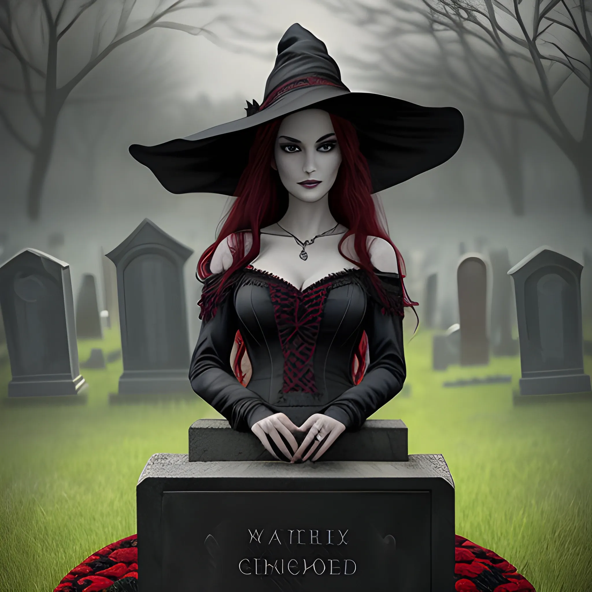 A photorealistic illustration of a captivating witch in a sensual red dress, lying gracefully on a stone within a realistic cemetery. Her sleek, black hair flows straight, framing her face with an air of elegance. The detailed illustration showcases the intricate details of the witch's attire, highlighting the sensuality of the red dress. Her facial features are alluring, with captivating eyes that exude mystery and a hint of a mysterious smile. The cemetery setting is depicted realistically, with weathered gravestones that add to the atmosphere of darkness and intrigue. Surrounding the witch, vibrant red roses on the ground create a contrast and symbolize passion and enchantment.