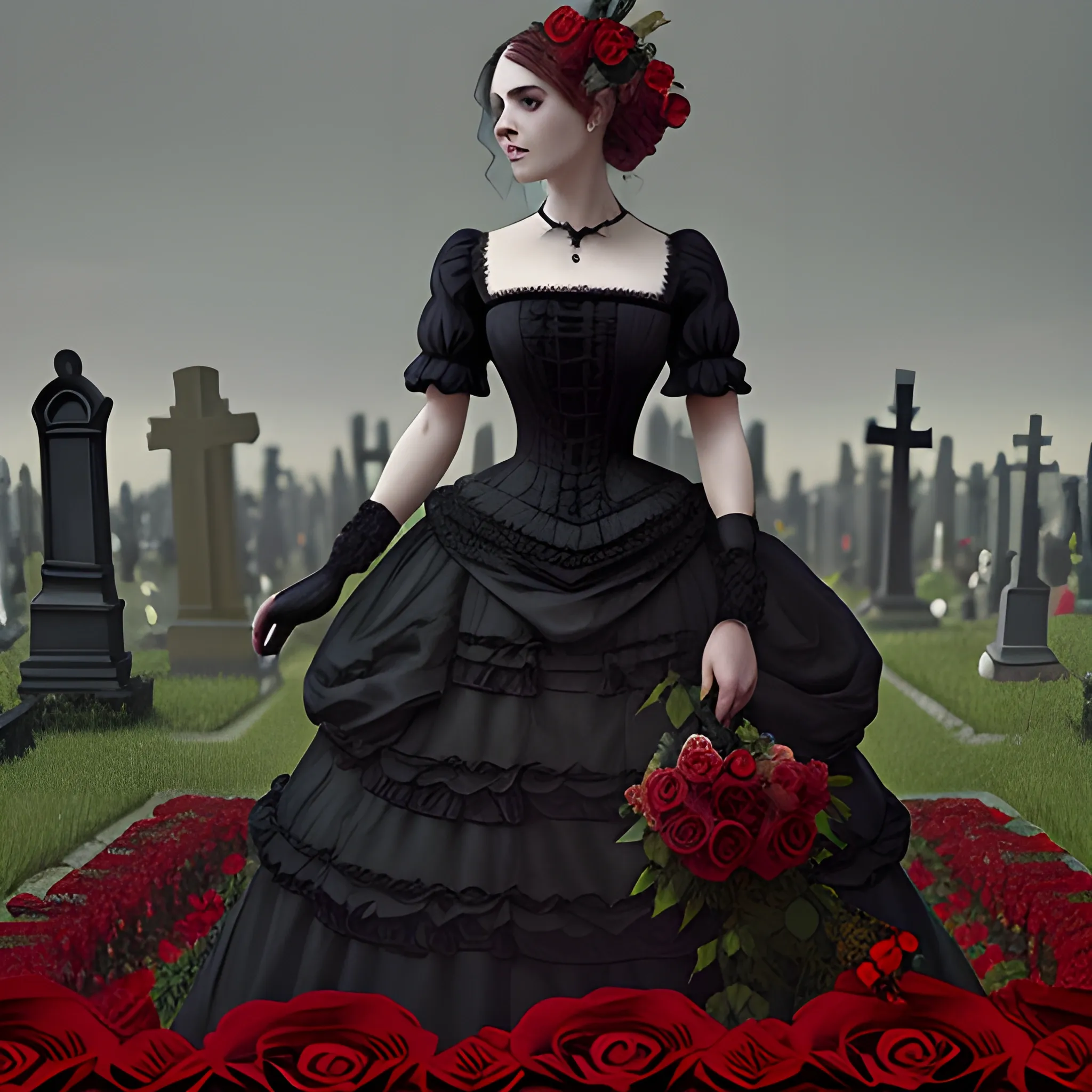 A woman in a Victorian dress, in the midst of a cemetery with red roses. Type of Image: Digital illustration. Art Styles: Realism, Gothic, Victorian. Art Inspirations: ArtStation, DeviantArt, Tim Burton's aesthetic. Camera: Close-up shot. Render Related Information: High resolution (4K), detailed and intricate details.
