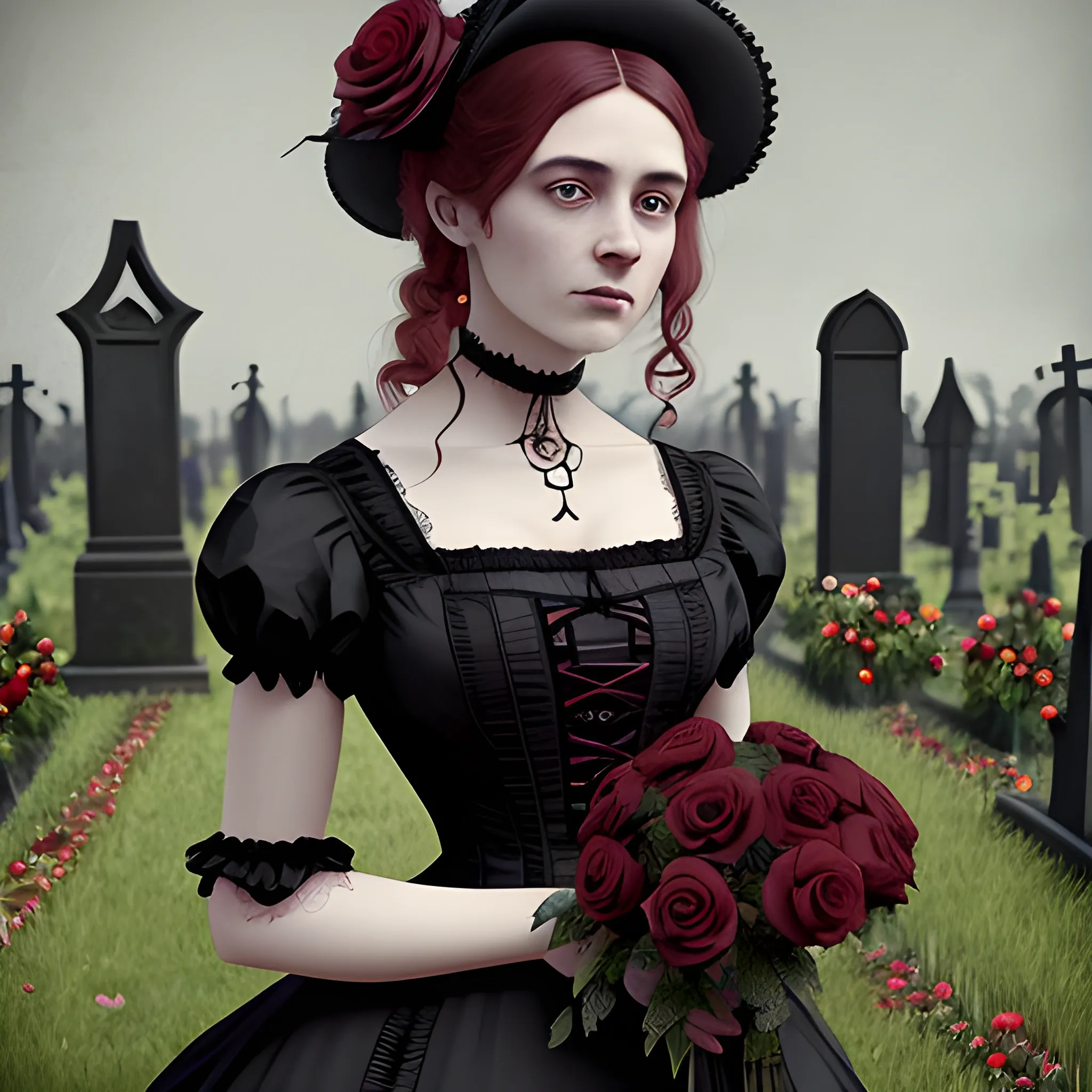 A woman in a Victorian dress, in the midst of a cemetery with red roses. Type of Image: Digital illustration. Art Styles: Realism, Gothic, Victorian. Art Inspirations: ArtStation, DeviantArt, Tim Burton's aesthetic. Camera: Close-up shot. Render Related Information: High resolution (4K), detailed and intricate details., Pencil Sketch