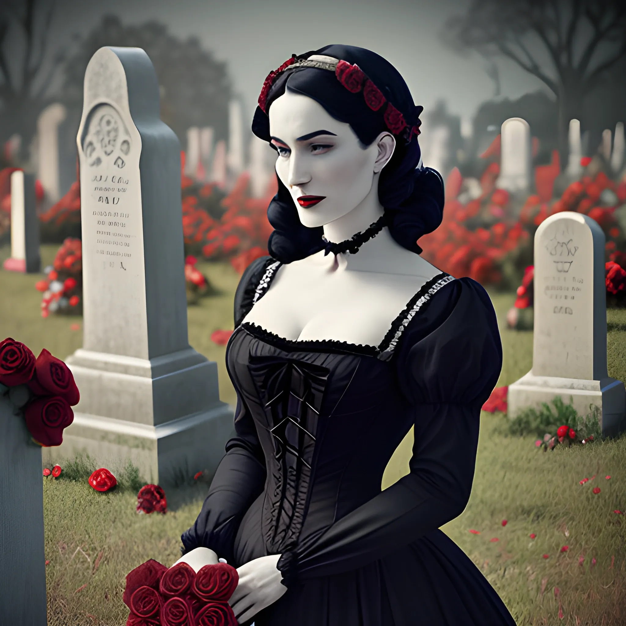 A woman dressed in a Victorian gown, standing among red roses in a cemetery. Type of Image: Photograph. Art Styles: Realism, Gothic, Victorian. Art Inspirations: Dita Von Teese, Victorian mourning photography. Camera: Long shot. Render Related Information: High resolution (4K), natural lighting to create a moody atmosphere, focus on capturing the woman's elegance and the beauty of the surroundings., Pencil Sketch