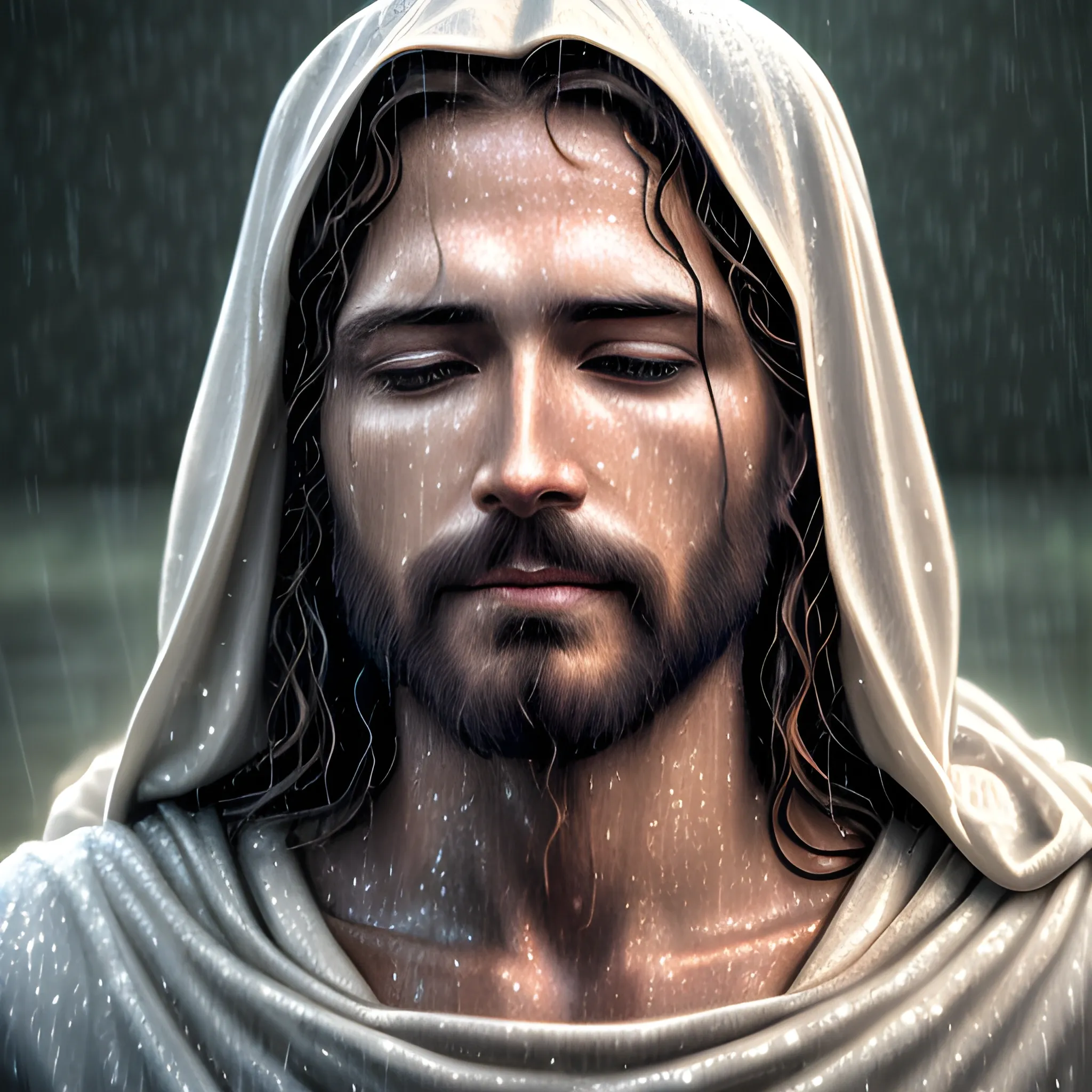 serene jesus christ in the rain, realistic, 4k, bright light face, open eyes, 3D