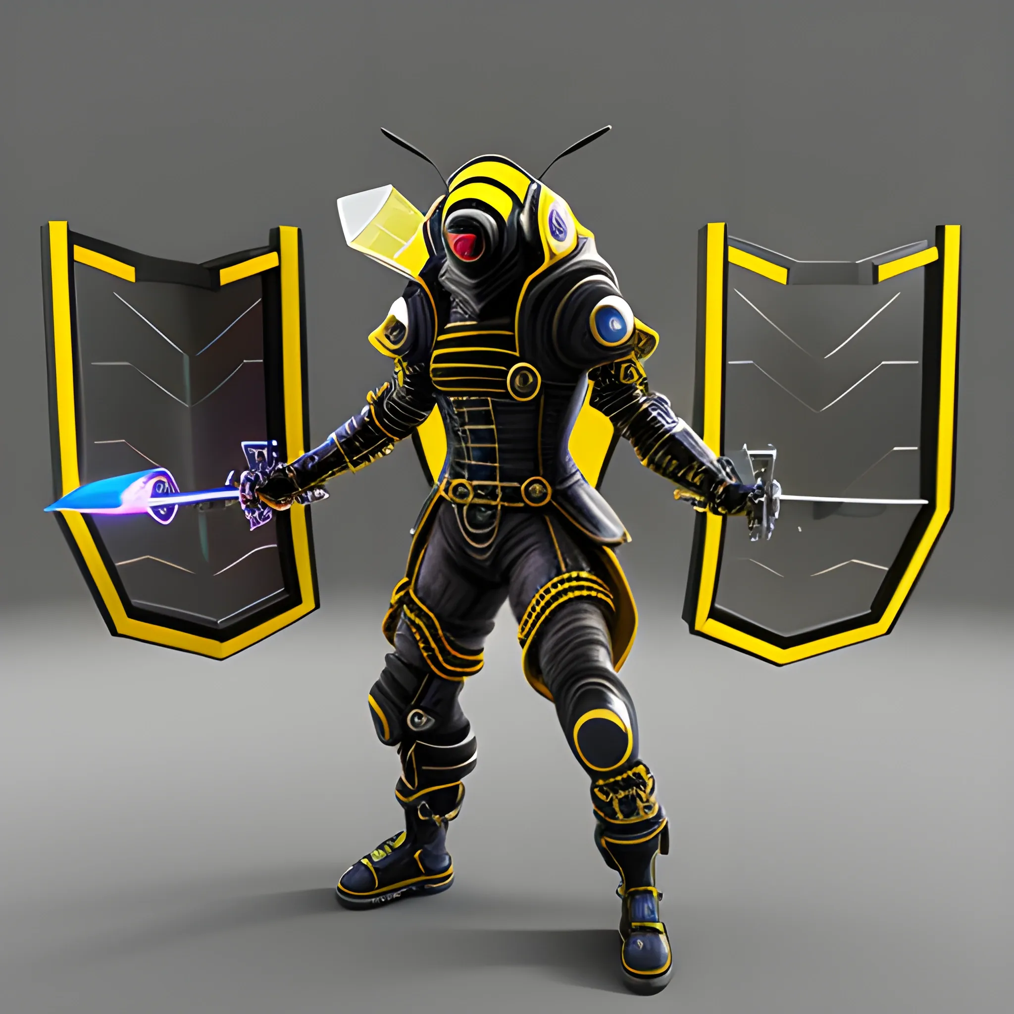 bee with cyber punk style hold shield and sword, 3d art