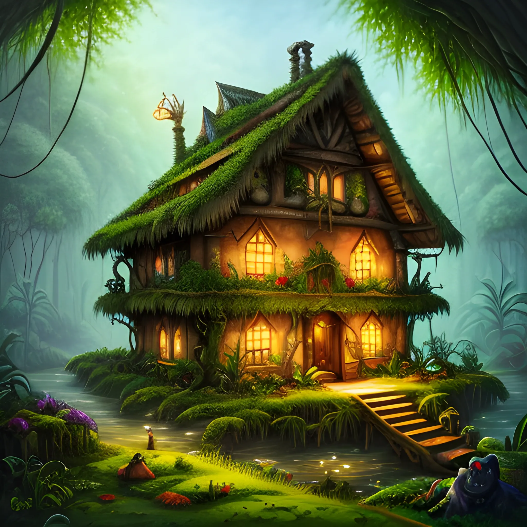 house in the middle of jungle, with elf and orc live together, oil painting style