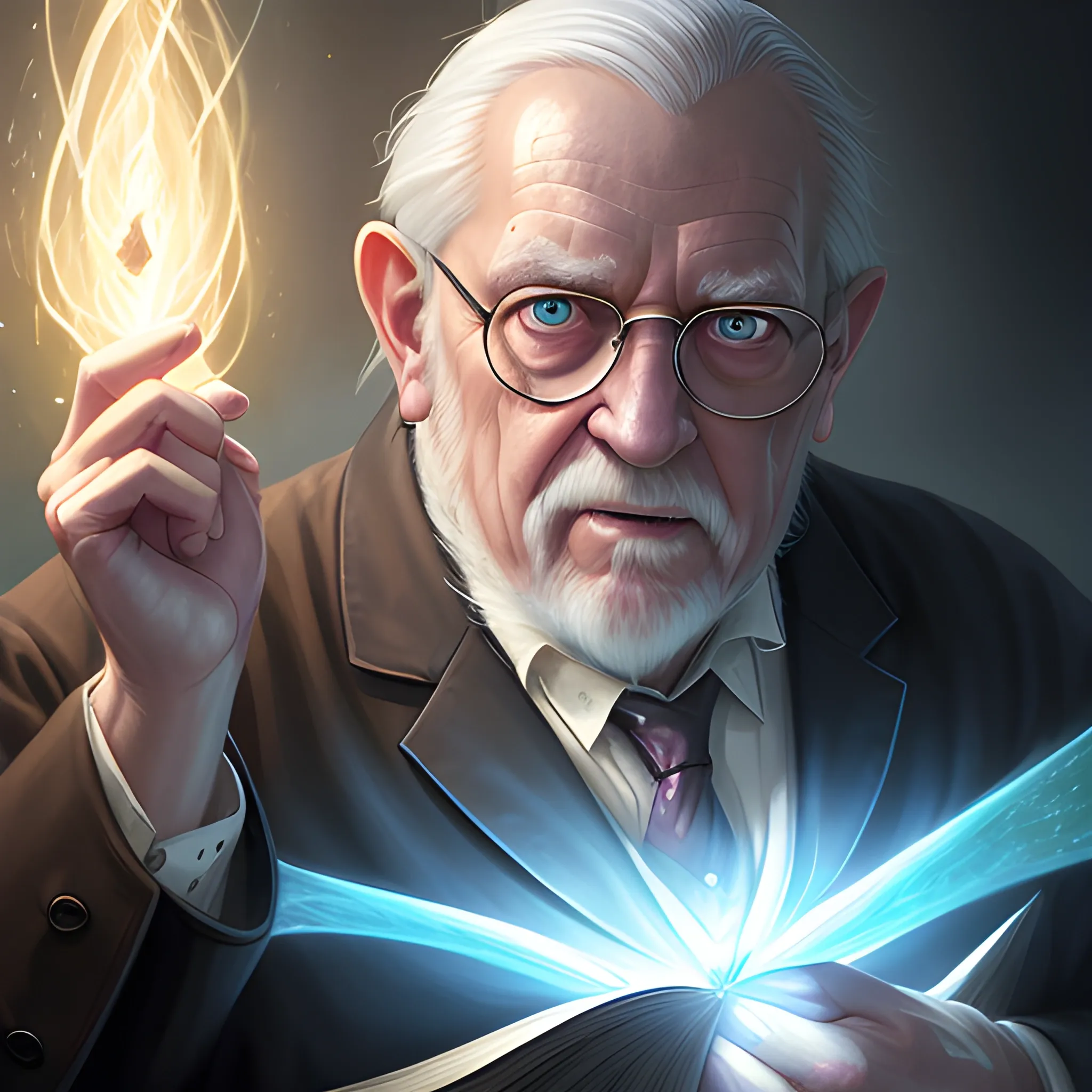 realistic portrait of a old man, d&d magic fantasy, dark magical school teacher uniform, light straight hair, casting a bright large-scale magical spell around herself, overflowing energy, highly detailed, digital painting, trending on artstation, pixiv, concept art, sharp focus, illustration, art by Ross Tran and Greg Rutkowski and Walt Disney animation