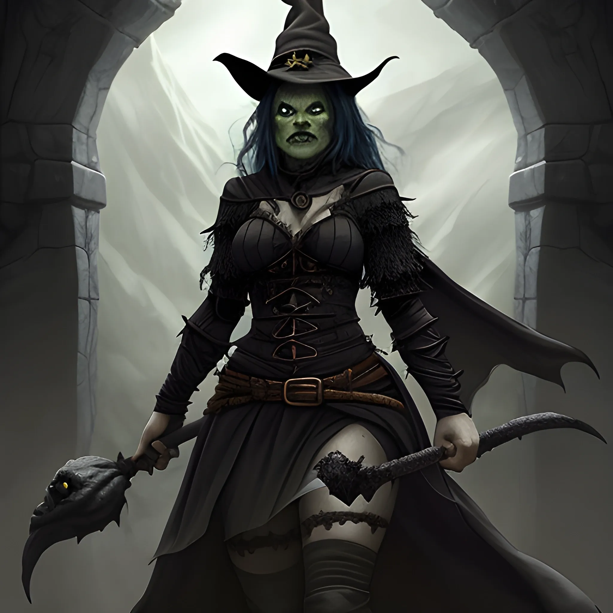 a female witch with a fantasy style against thousands of orc
