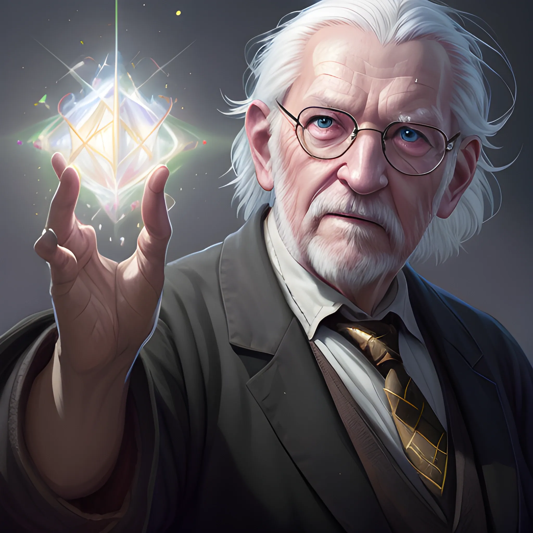 realistic portrait of a old man, d&d magic fantasy, dark magical school teacher uniform, light straight hair, casting a bright large-scale magical spell around herself, overflowing energy, highly detailed, digital painting, trending on artstation, pixiv, concept art, sharp focus, illustration, art by Ross Tran and Greg Rutkowski and Walt Disney animation