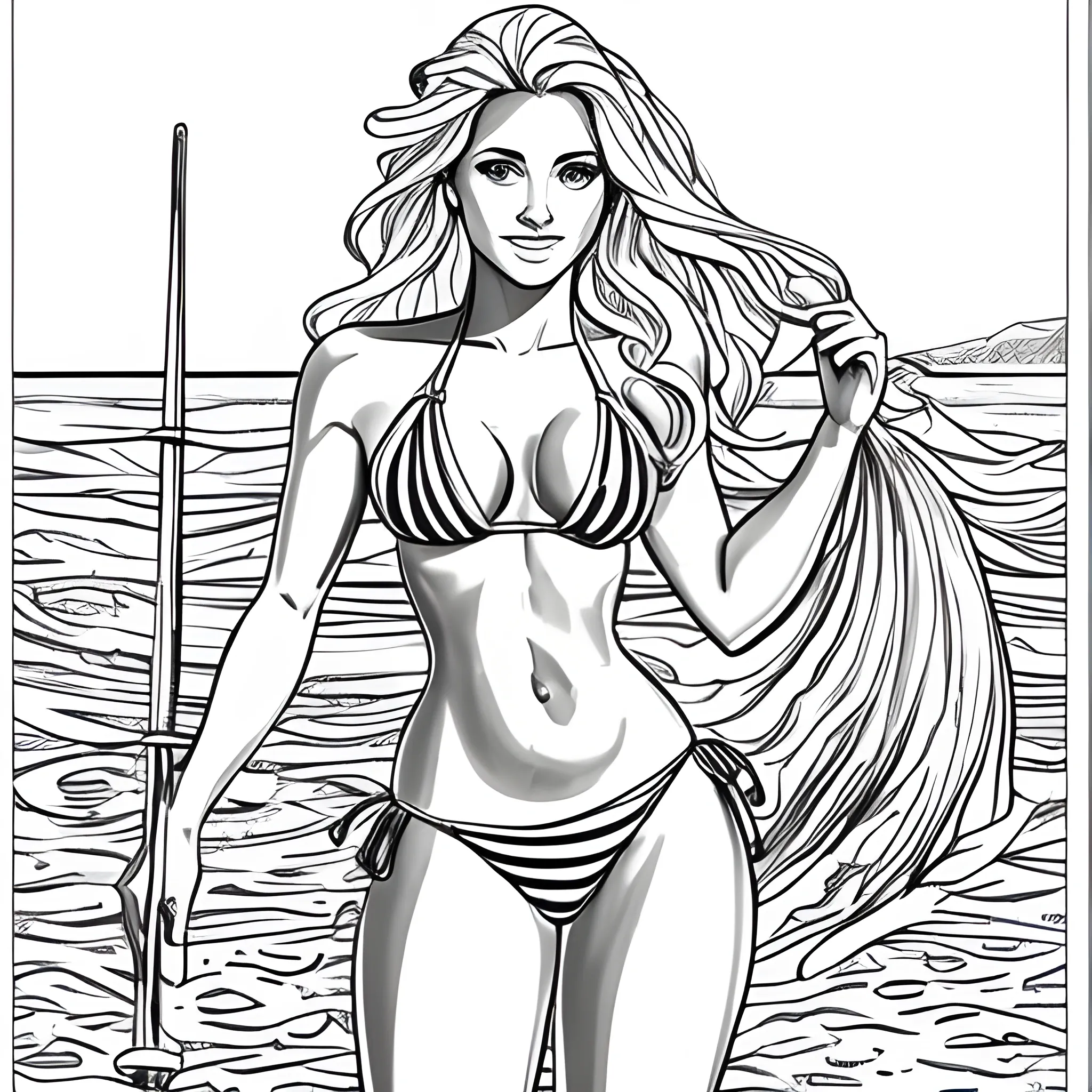 dibujo para colorear de hermosa mujer en bikini saliendo  del mar