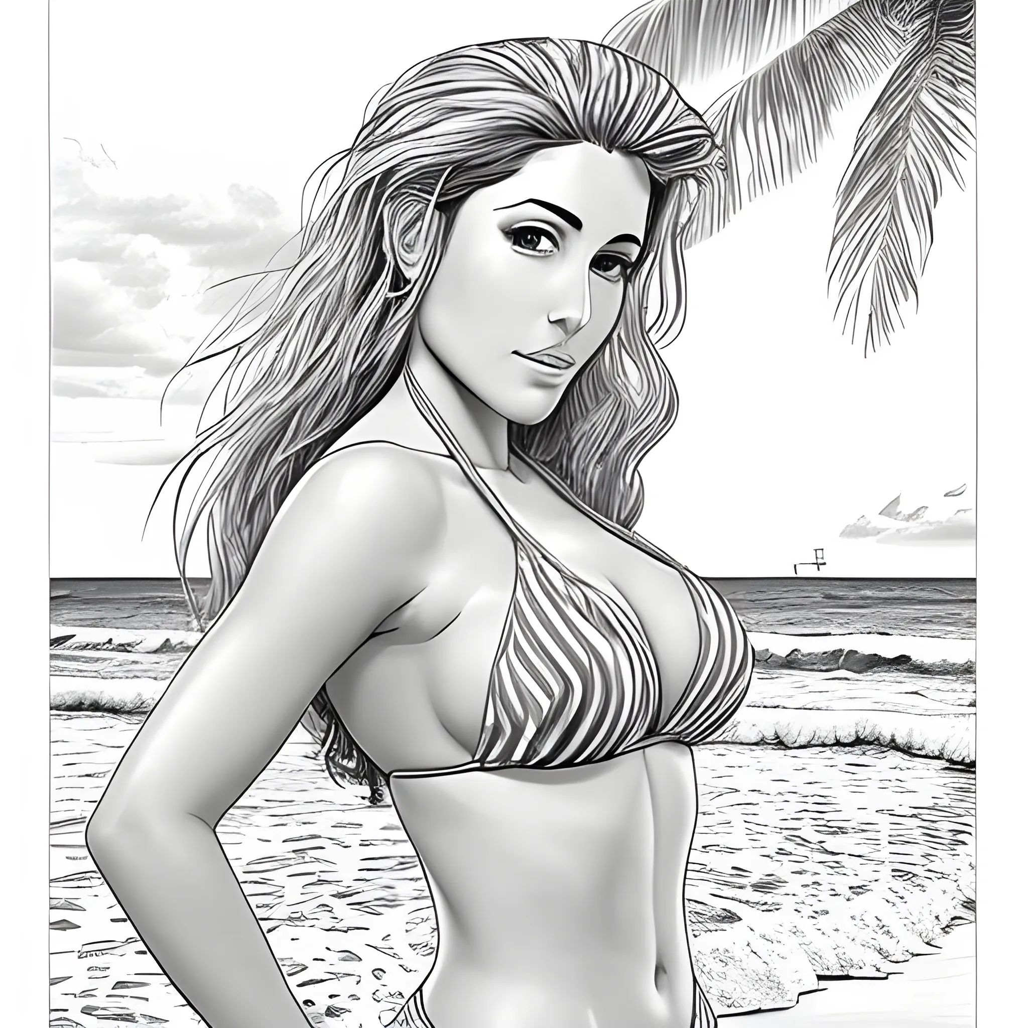 dibujo para colorear de hermosa mujer en bikini agachada a la orilla del mar