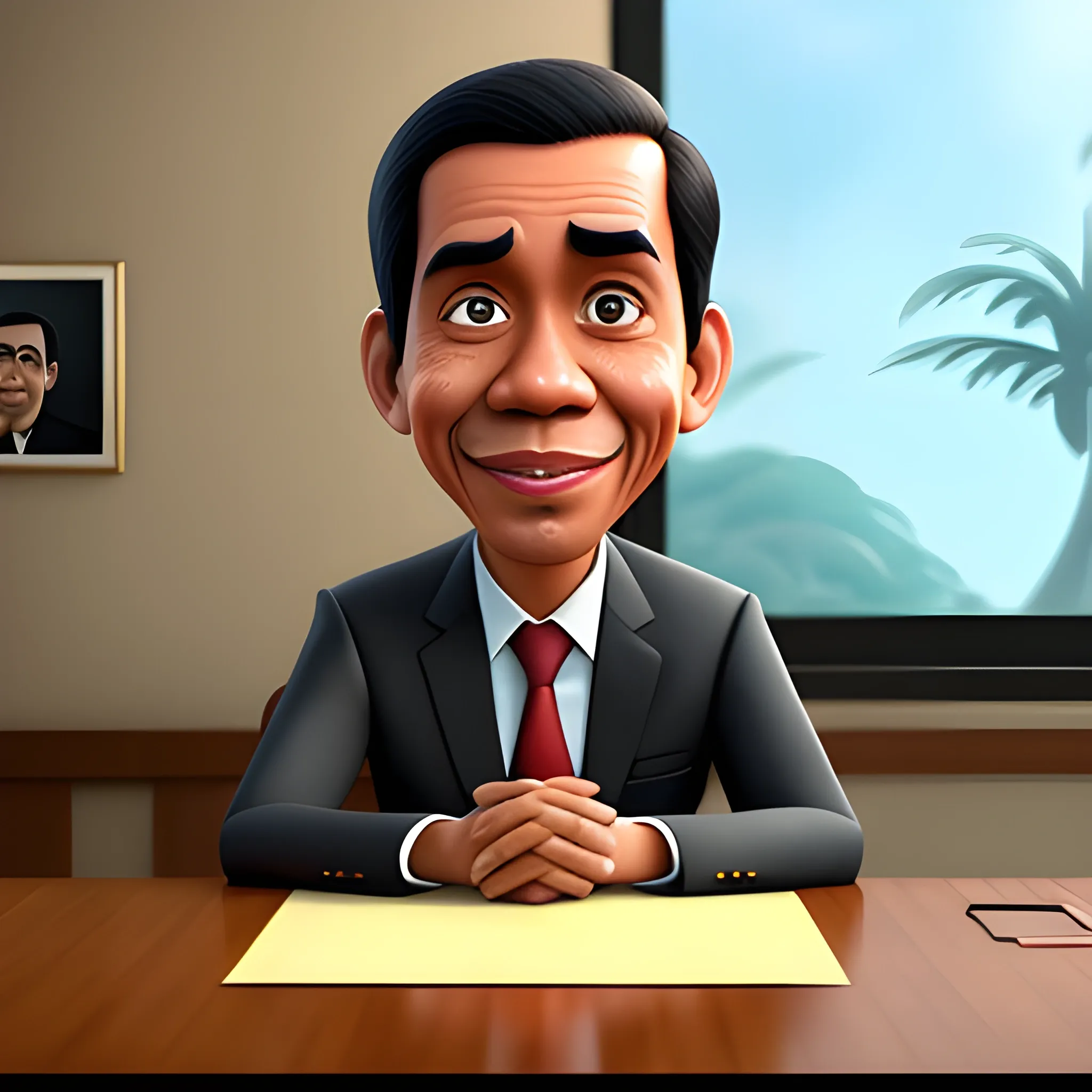 screenshot of jokowi in a pixar movie. 3 d rendering. unreal engine. amazing likeness. very detailed. cartoon caricature. 