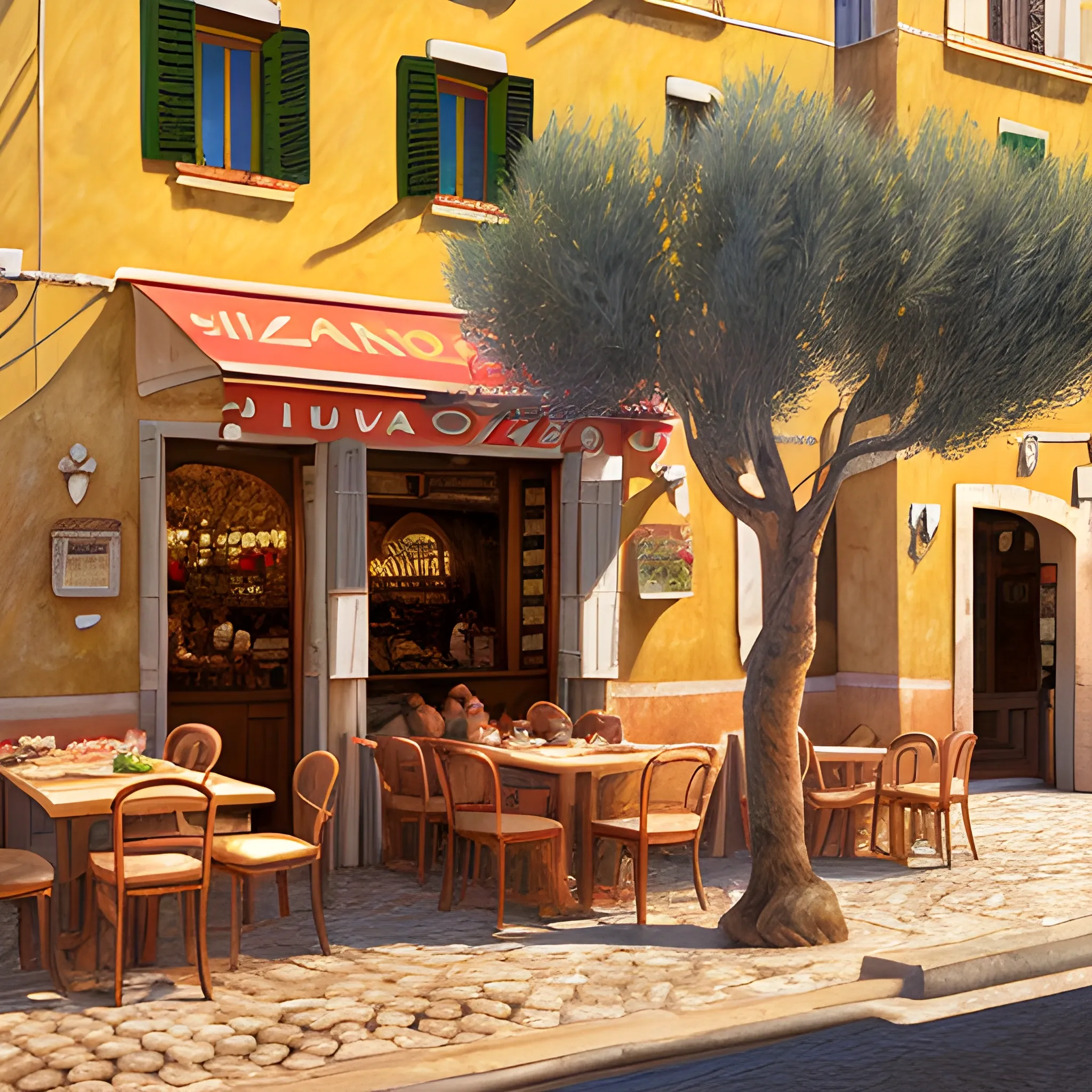 a traditional pizzeria in the street of a cuty building on the riviera. a terrace in the shade of a hundred - year - old olive tree, a friendly atmosphere around pizzas and rose wine. dolce vita. unreal engine rendering, hyper realist, ultra detailed, oil painting, warm colors, happy, impressionism, da vinci, 