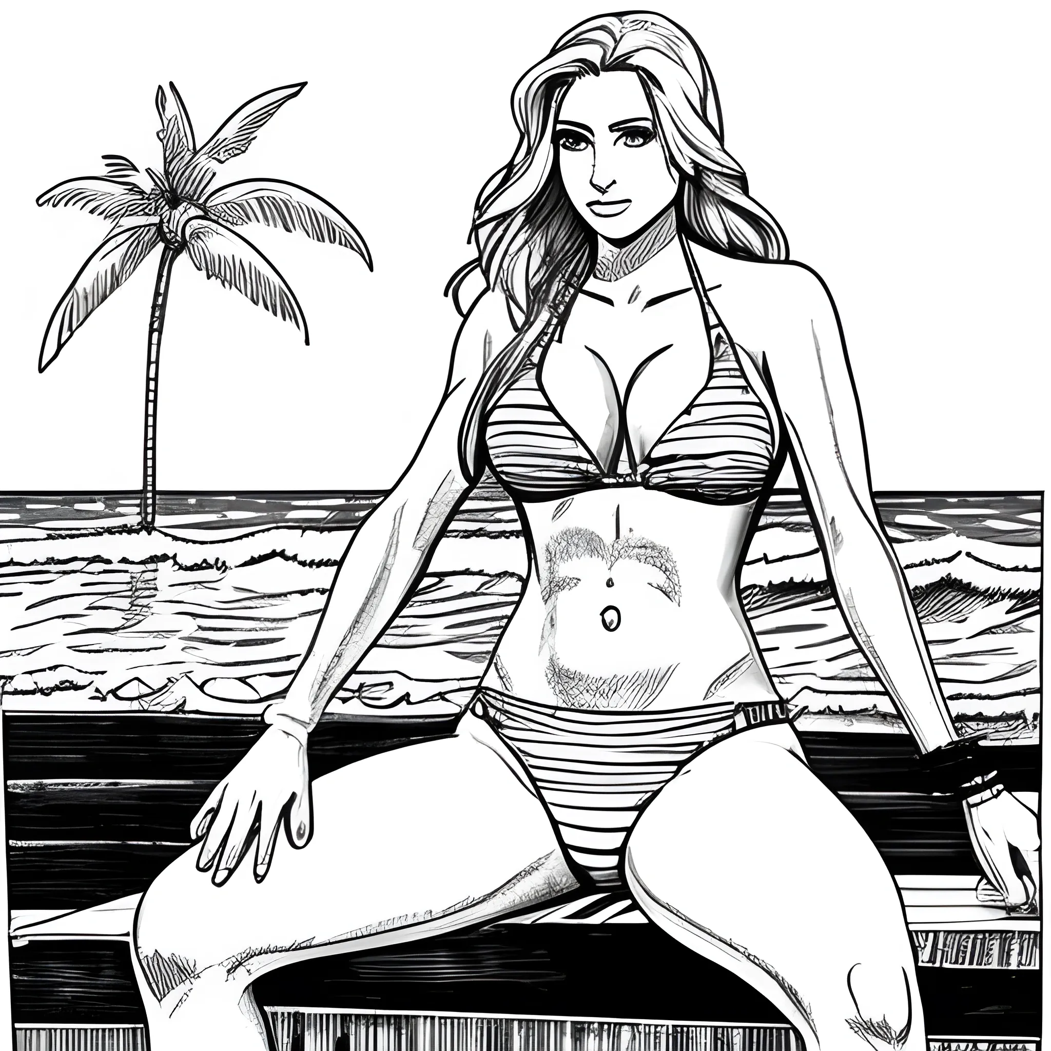 dibujo para colorear de hermosa mujer en bikini, sentada en la arena en el mar 