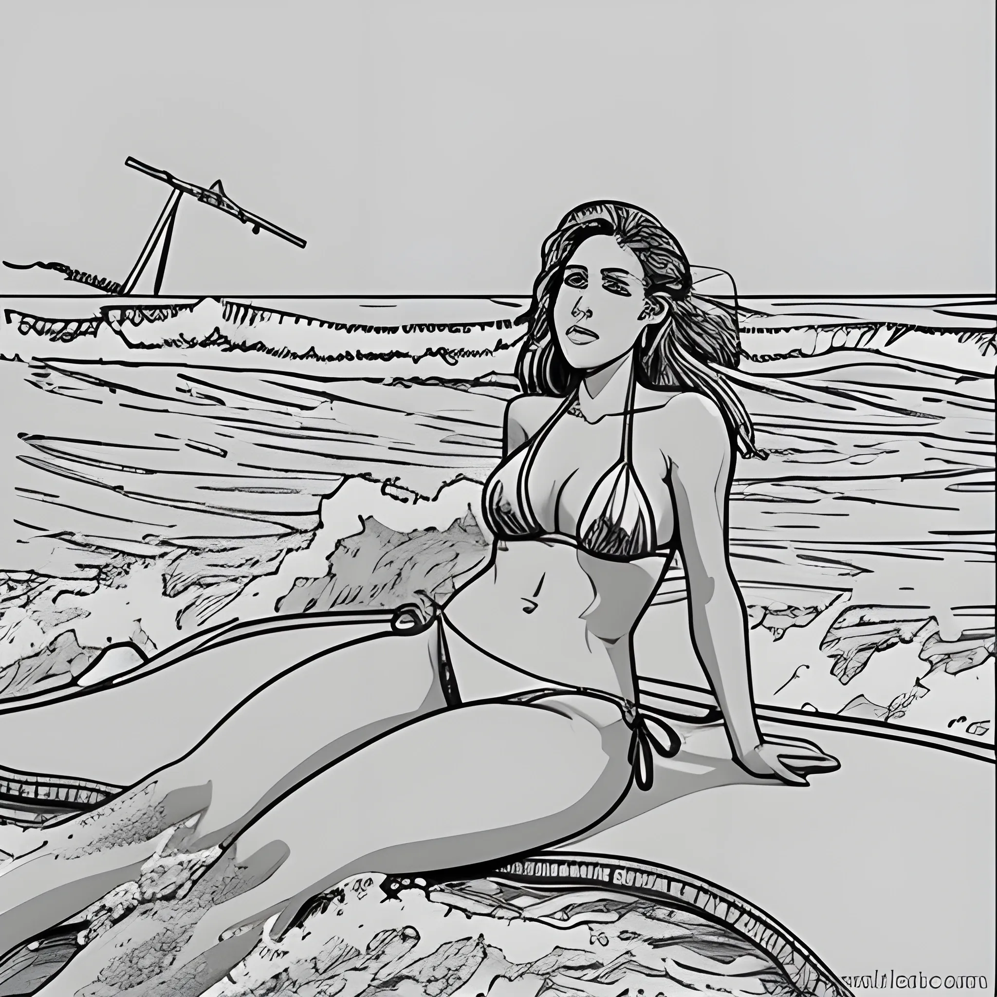 dibujo para colorear de hermosa mujer en bikini, sentada en la arena mostrando sus muzlos, en el mar 