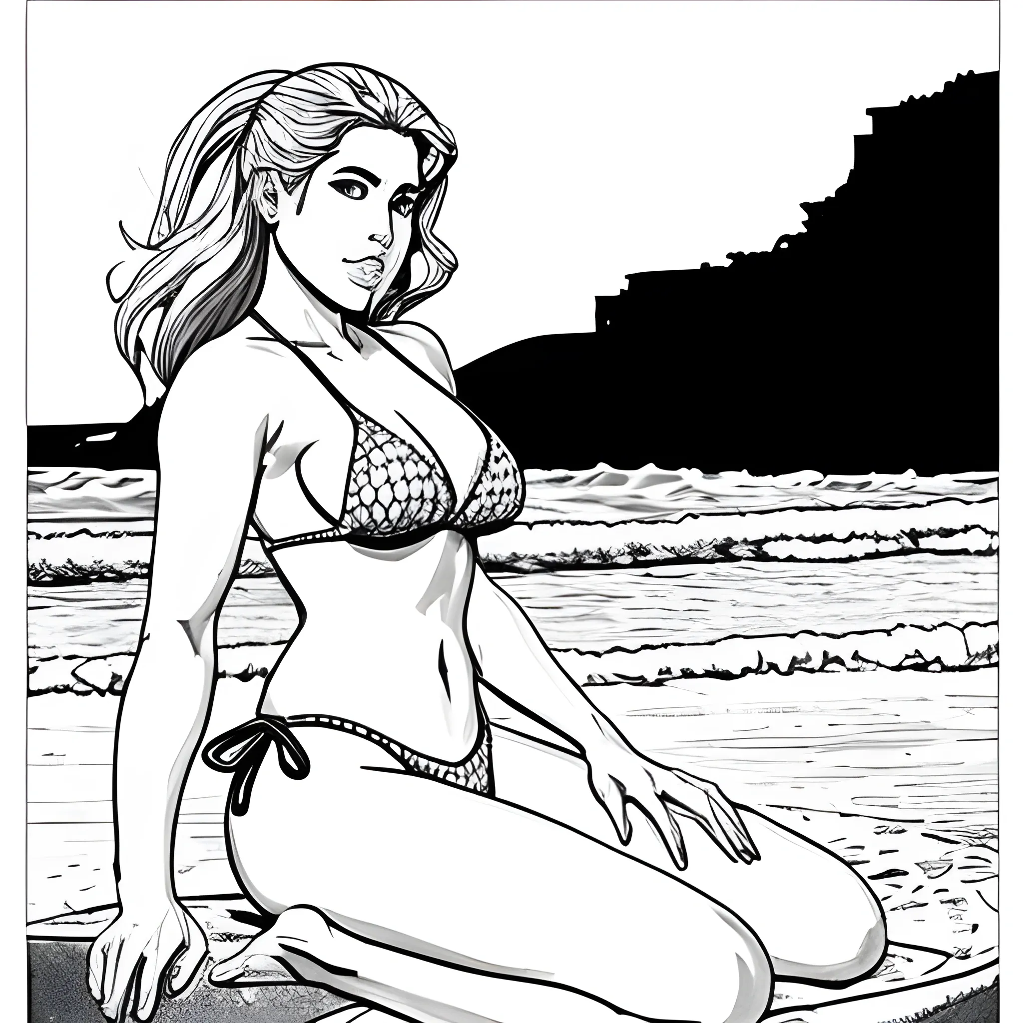 dibujo para colorear de hermosa mujer en bikini, sentada en la arena a la orilla del mar 