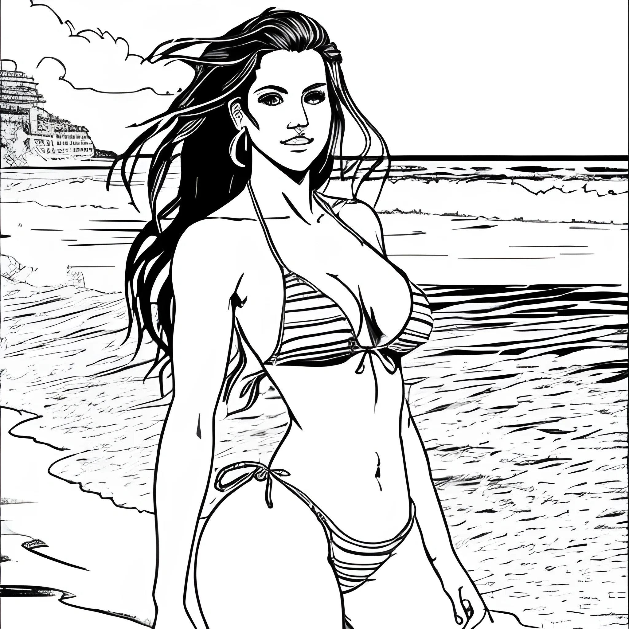 dibujo para colorear de hermosa mujer en bikini, semi acostada en la arena a la orilla del mar 