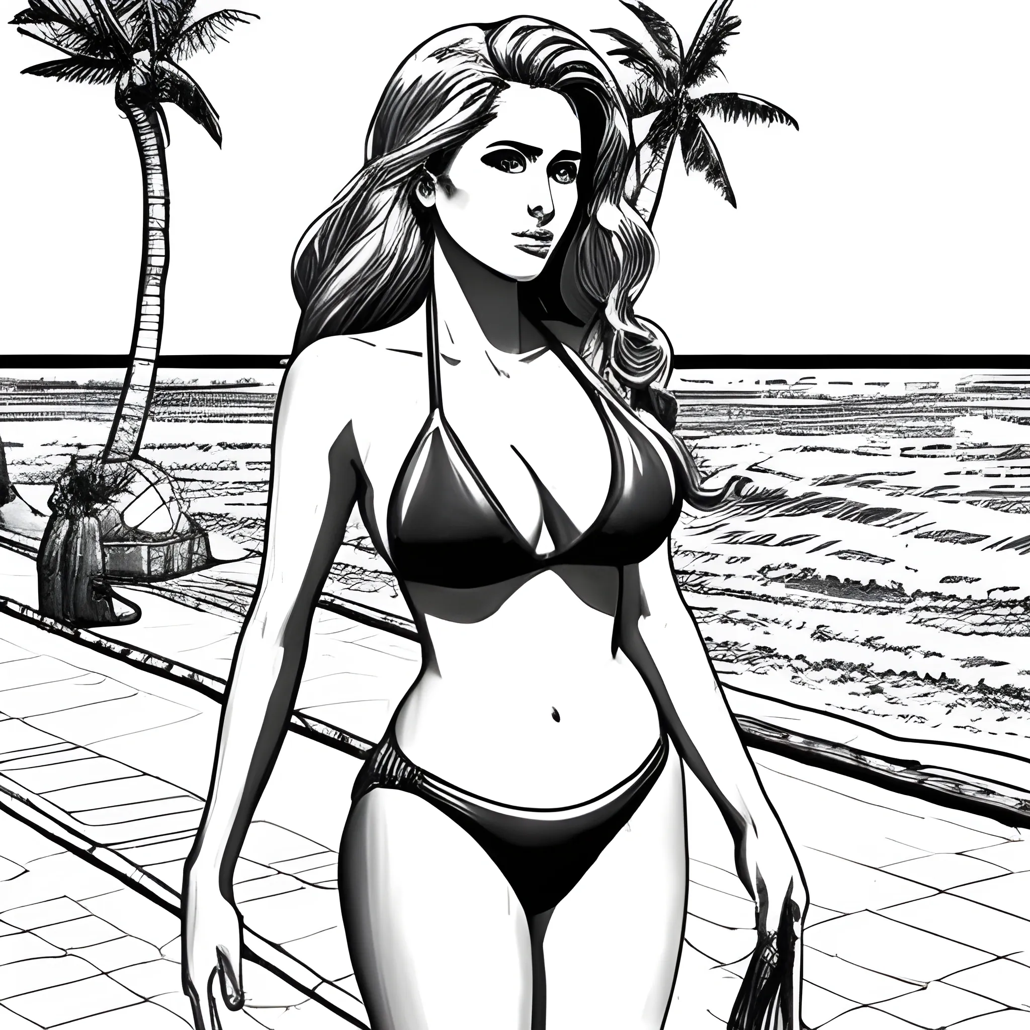 dibujo para colorear de hermosa mujer en bikini, sentada en la arena del mar 